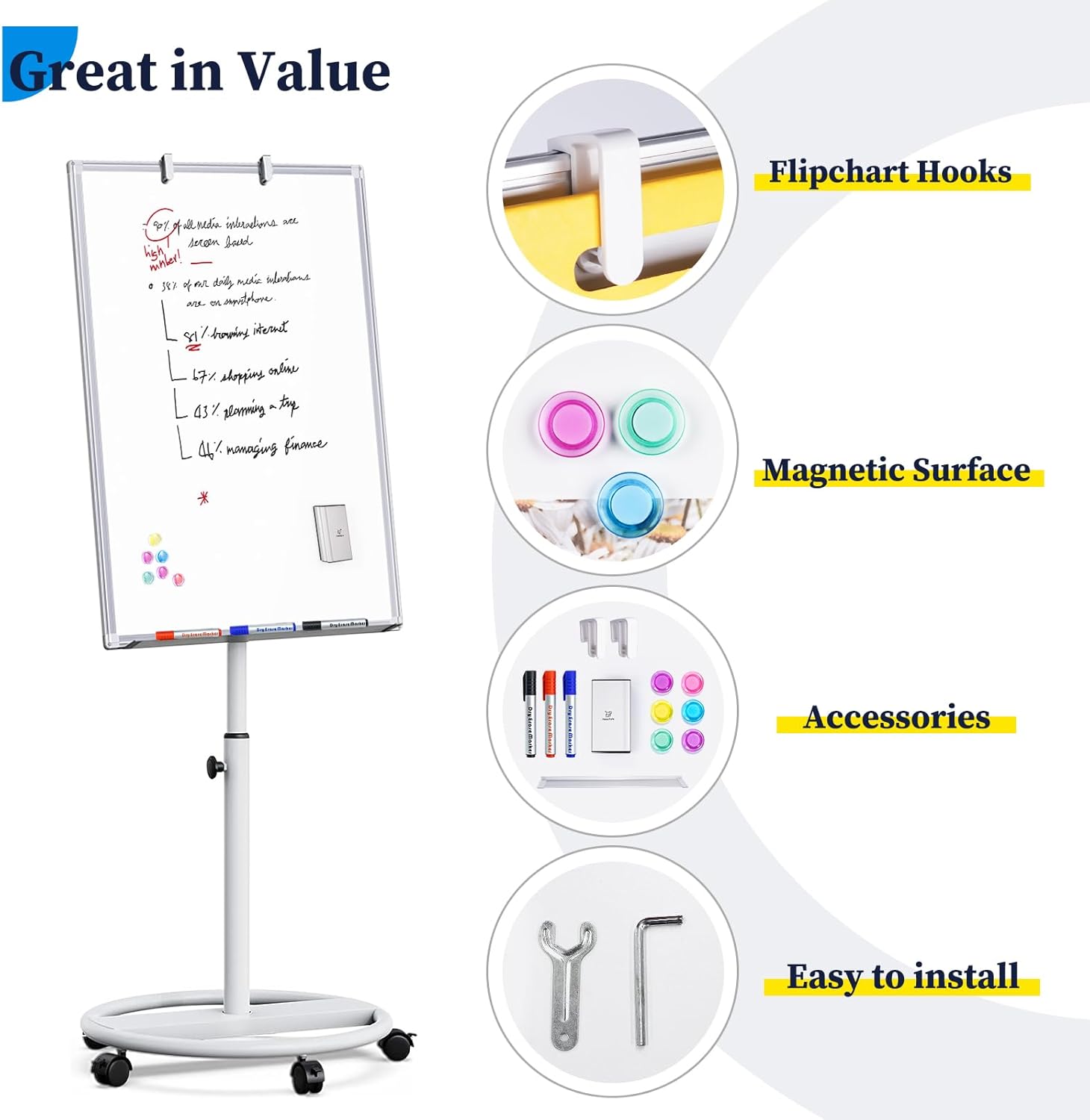 Alternative view of Mobile Whiteboard u2013 36 x 24 inches Portable Magnetic Dry Erase Board, 3' x 2' Stand Easel White Board Dry Erase Easel Standing Board with Flipchart Hooks