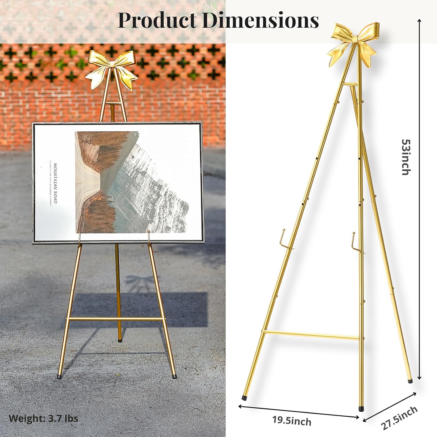 Alternative view of CaliDecor 53u201DH Metal Gold Easel Stand for Sign, Large Adjustable Display Standing with Butterfly Bow Top for Wedding Displaying Pictures Poster Holder Showcasing