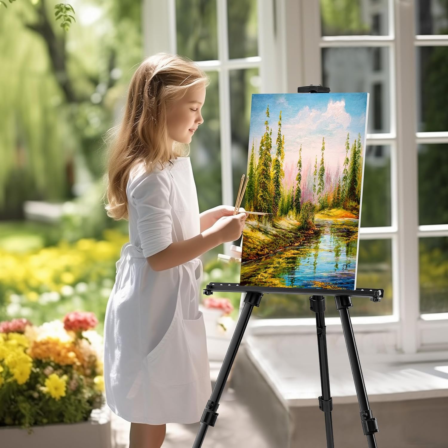 Art Easel for Painting and Display u2013 Adjustable Floor 66 Inch Folding Aluminum Easel Stand for Sign - Table Top Canvas Stand - Portable Drawing Paint Heavy Duty for Artists Adults Holder or Teen