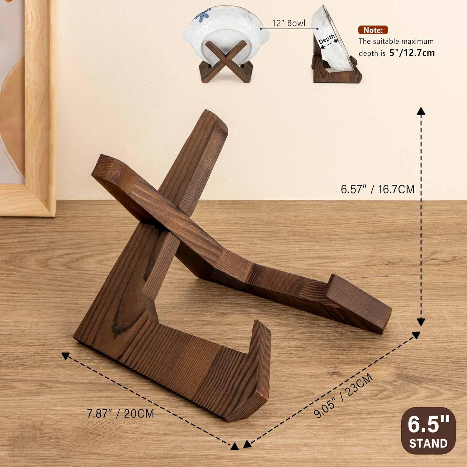ANBOXIT Bowl Stands for Display, 6.5 Inch Plate Holder, Wooden Easel Frame Holder, Display Stand for Large Deep Platters and Dishes, 6.5" H x 9" W x 7.9" D (For Bowls under 5" in Depth)