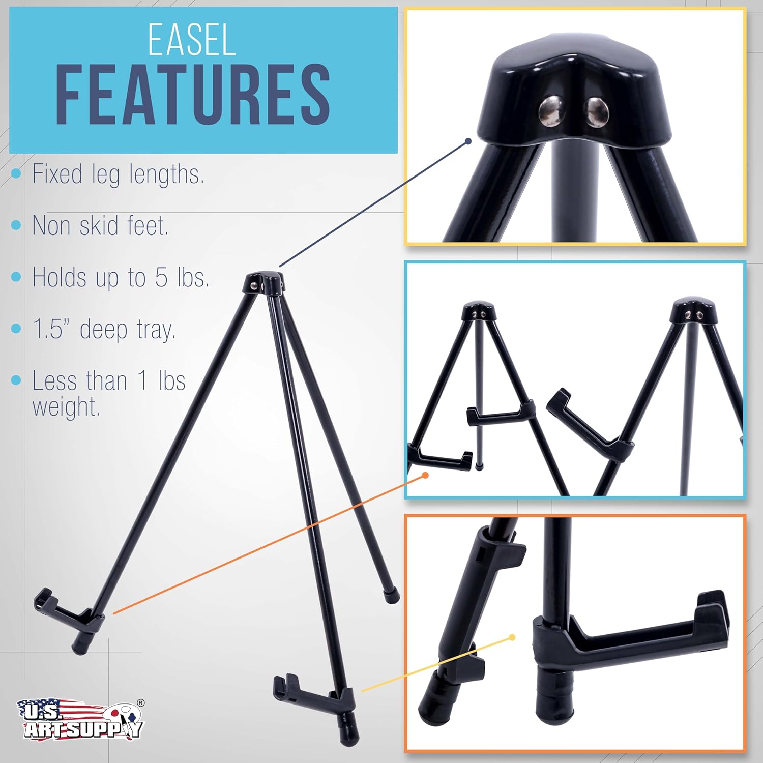 Alternative view of U.S. Art Supply 13.5" Black Metal Tabletop Easel Stand - Foldable Tripod Table Top Easel Stand for Sign, Art, Poster Board, Canvas, Pictures & Photos - Display Table Easels with Non-Skid Feet