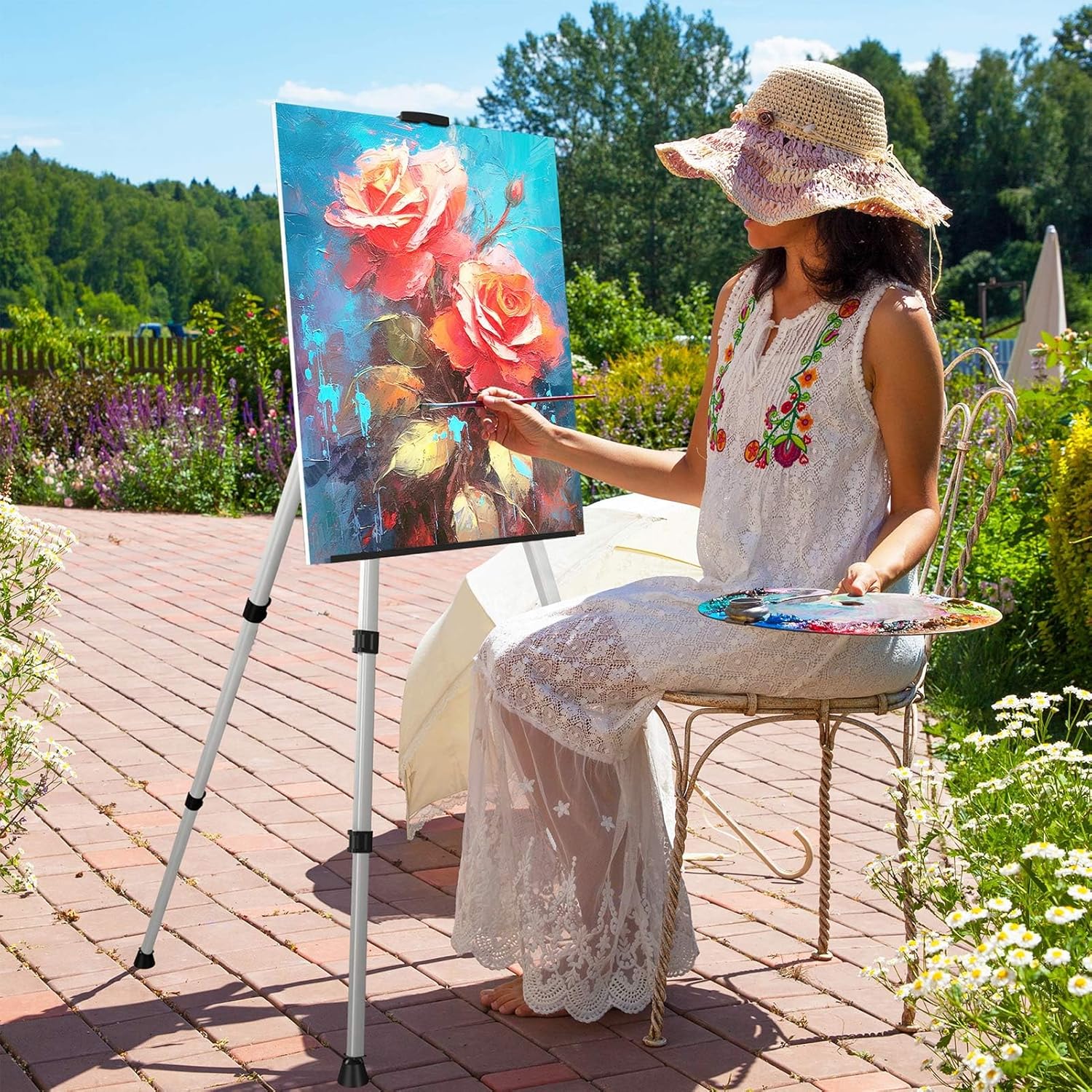 Art Easel Stand for Painting or Sign, Portable Adjustable 66 inches Display Tripod Artist Floor Aluminum Metal Easel with 1 Bag for Table-top/Floor Drawing, Sturdy for Canvases Displaying - Silver