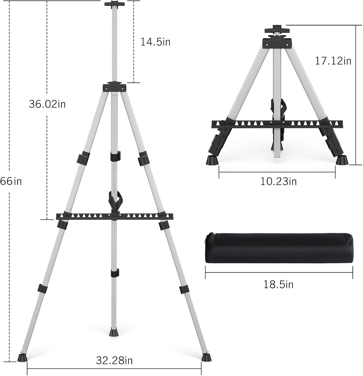 Alternative view of Art Easel Stand for Painting or Sign, Portable Adjustable 66 inches Display Tripod Artist Floor Aluminum Metal Easel with 1 Bag for Table-top/Floor Drawing, Sturdy for Canvases Displaying - Silver