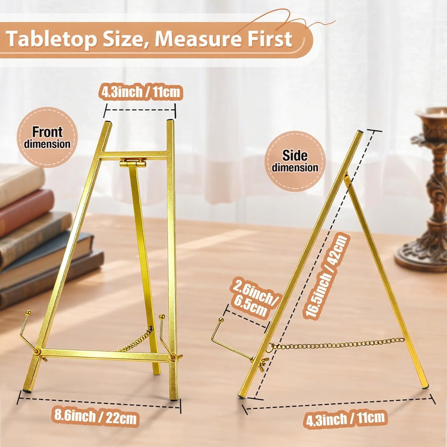 BeeCoAoo 16.5" Metal Easel Stand for Sign u2013 Elegant Table Top Easel for Display, Heavy Duty Tabletop Picture Easel Stand for Wedding Sign, Picture Frame, and Art (Gold)
