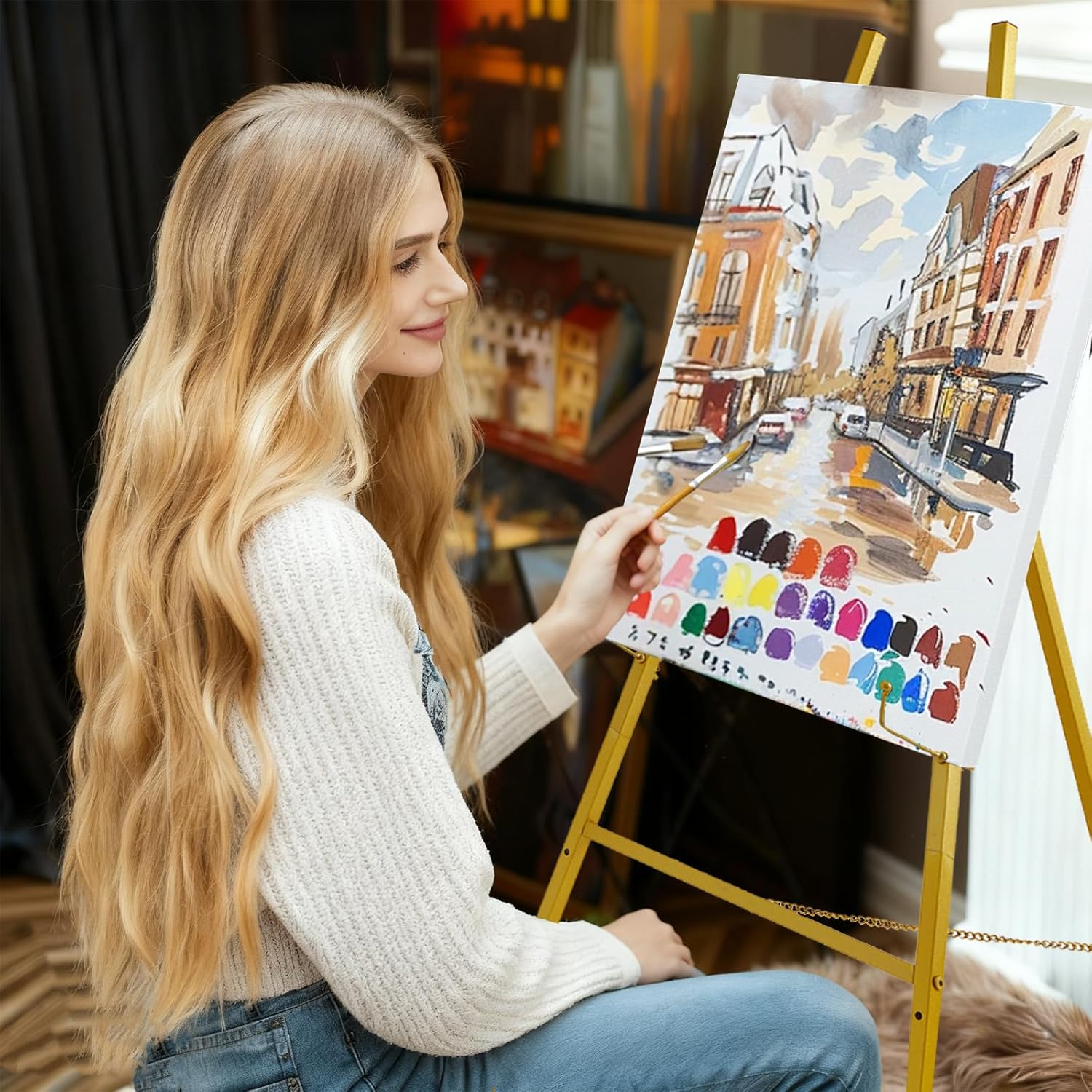 Milostelom Gold Easel Stand for Sign , Heavy Duty Metal Easel for Wedding Welcome Sign or Party, Large Decorative Easel for Mirror, Art, Photo, or Adjustable Painting Display 4-Tier Height