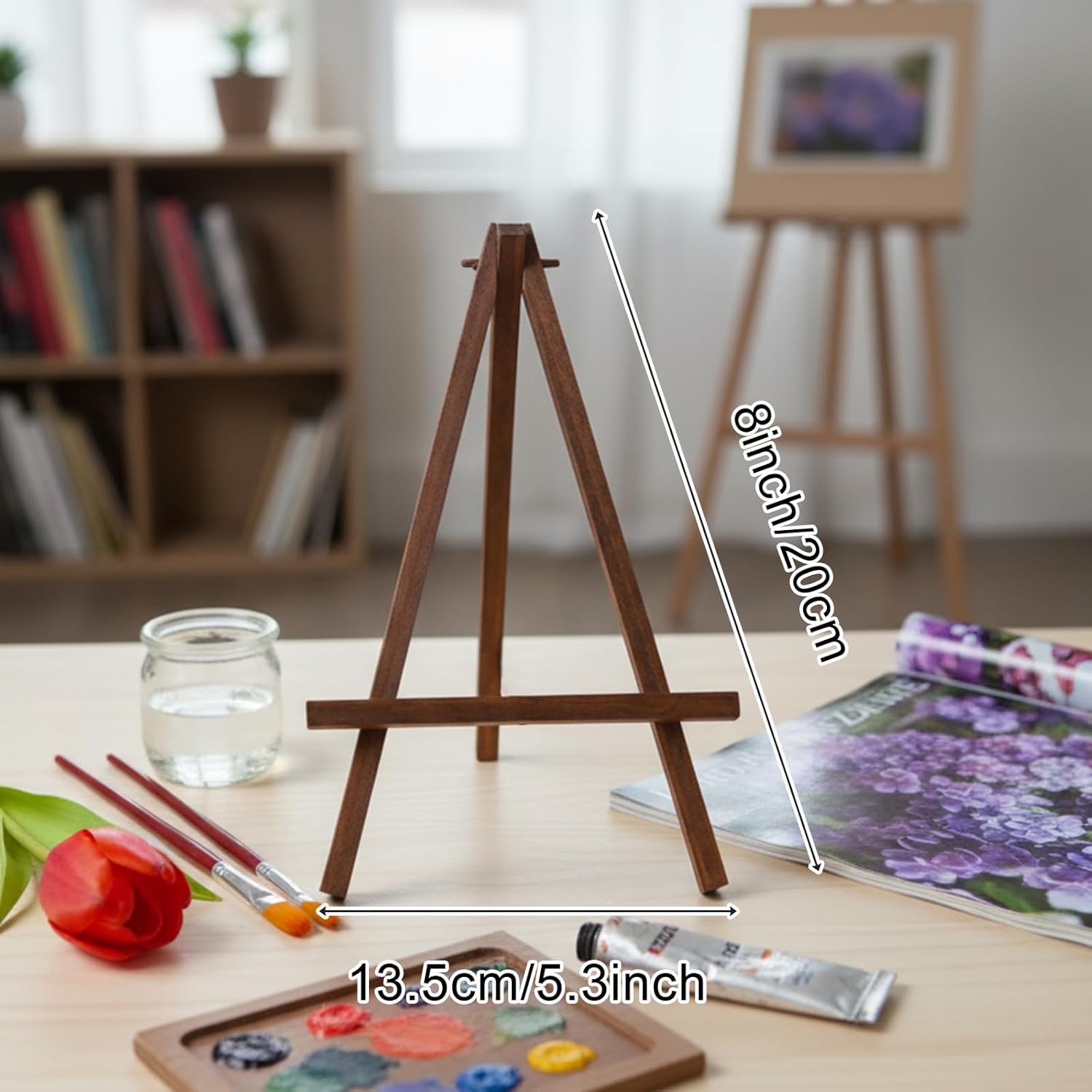 JOVITEC 48 Pcs 8 Inch Mini Wood Easel Stand Tabletop Bulk for Painting Canvas Display Easel Set Triangle Card Stand for Wedding Adults Portable Photo Picture Holder(Brown Color)