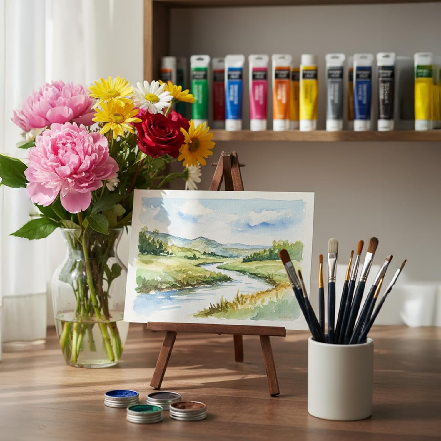 Alternative view of JOVITEC 48 Pcs 8 Inch Mini Wood Easel Stand Tabletop Bulk for Painting Canvas Display Easel Set Triangle Card Stand for Wedding Adults Portable Photo Picture Holder(Brown Color)