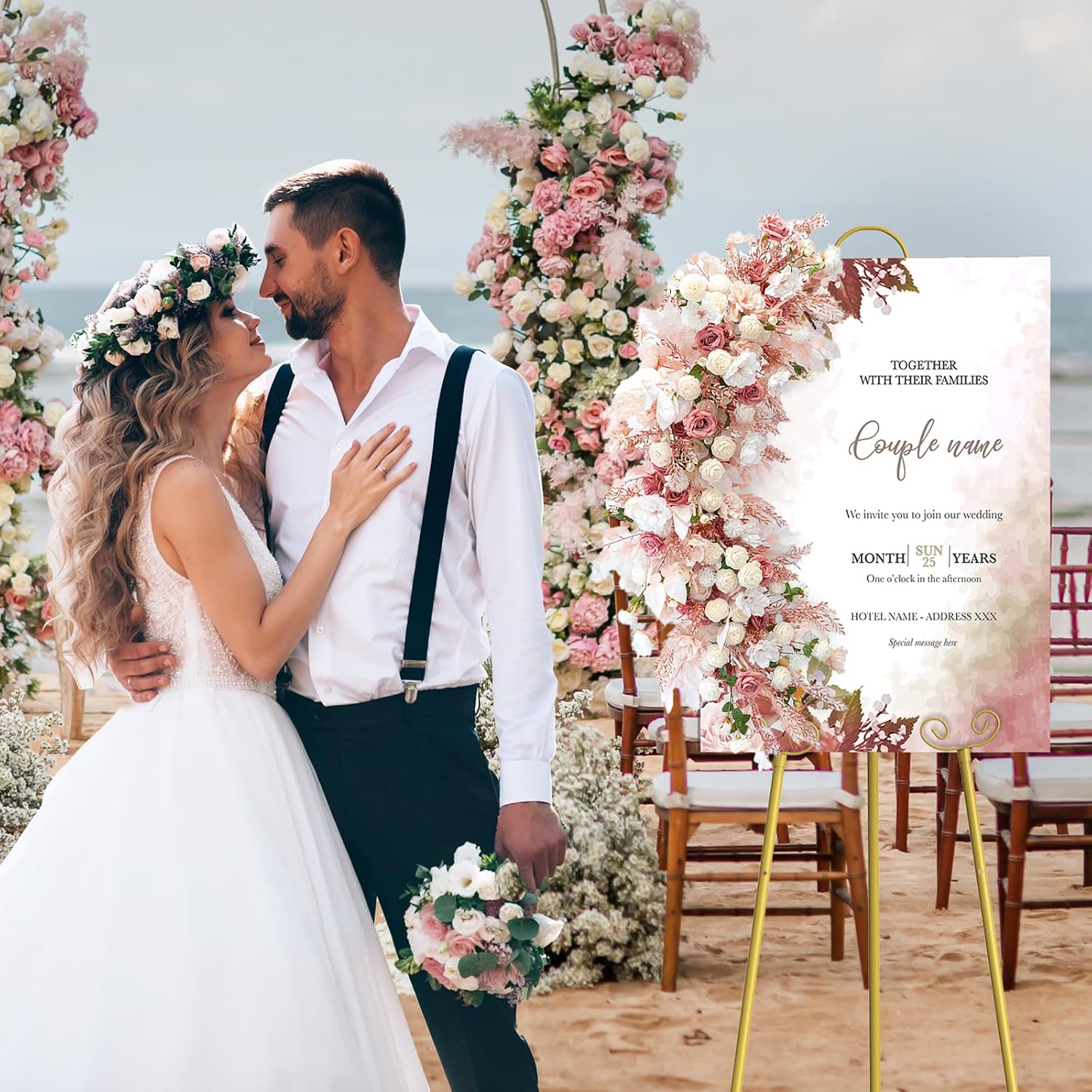 Display Easel, Metal Round Tube Scroll Vintage Gold Decorative Adjustable Floor Standing Easel with Chain Support, Perfect for Showcasing Pictures, Artwork, Picture Frame Wedding Sign Etc