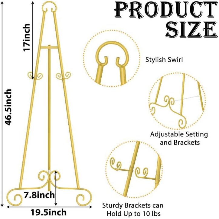 Alternative view of Display Easel, Metal Round Tube Scroll Vintage Gold Decorative Adjustable Floor Standing Easel with Chain Support, Perfect for Showcasing Pictures, Artwork, Picture Frame Wedding Sign Etc