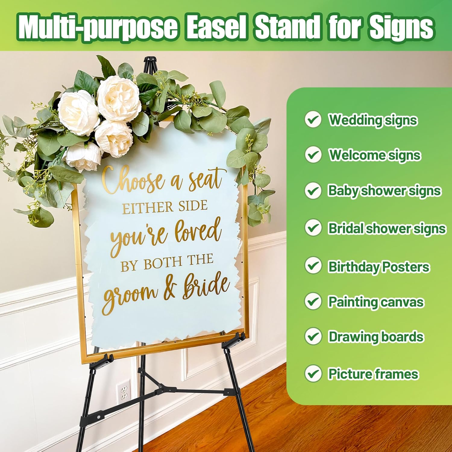 VAIIGO Easel Stand for Sign - 63" Display Easel for Wedding Sign Stand Poster Stand, Lightweight Adjustable Poster Easel for Painting, Portable Easel Stand with Carrying Bag, Black 1Pcs