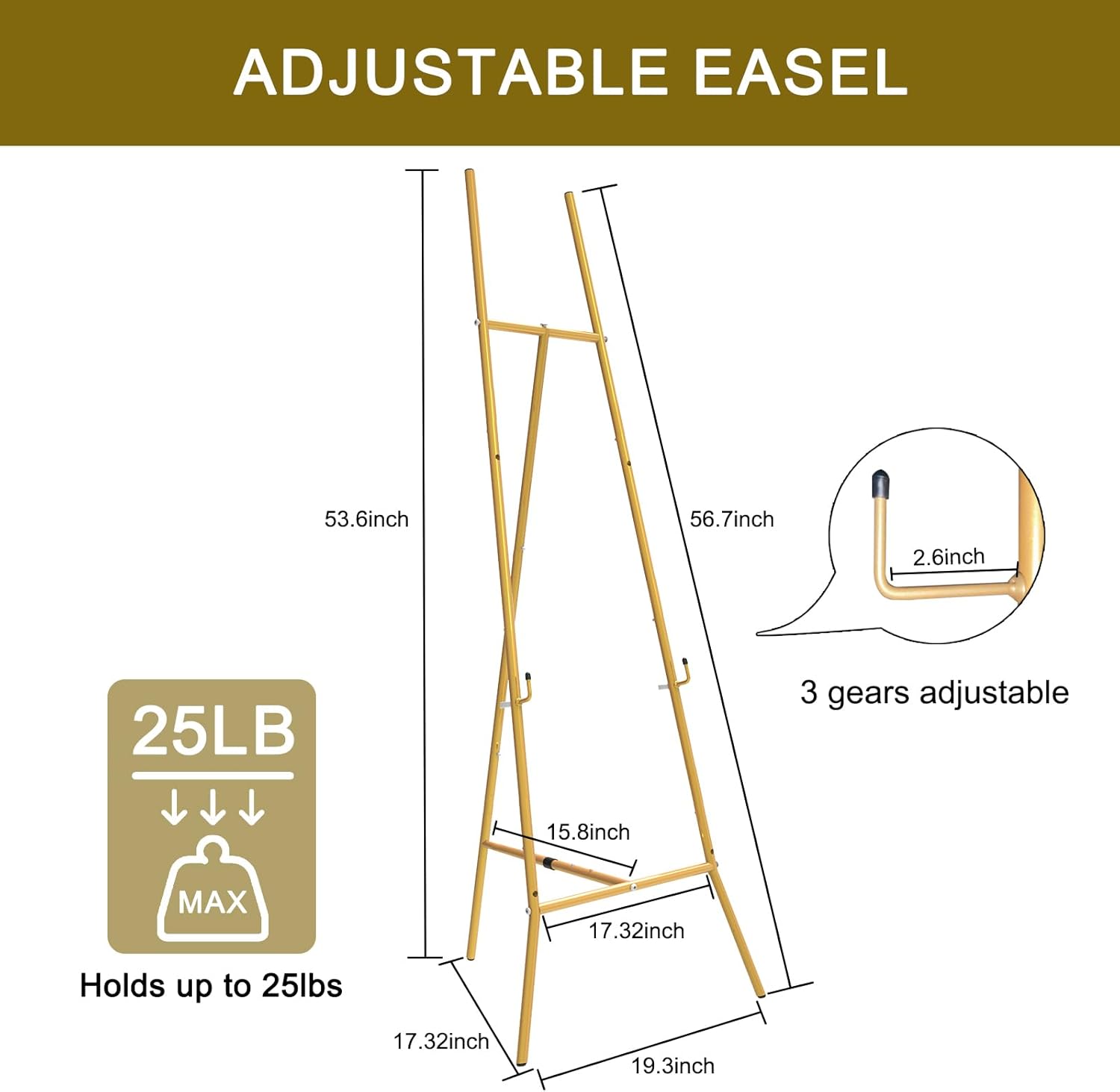 Alternative view of Gold Easel Stand for Sign - Heavy Duty Metal Freestanding Adjustable Display Stand (3-Tier), Large Professional Easel for Paintings, Artwork & Commercial Displays, Durable Exhibition Easel