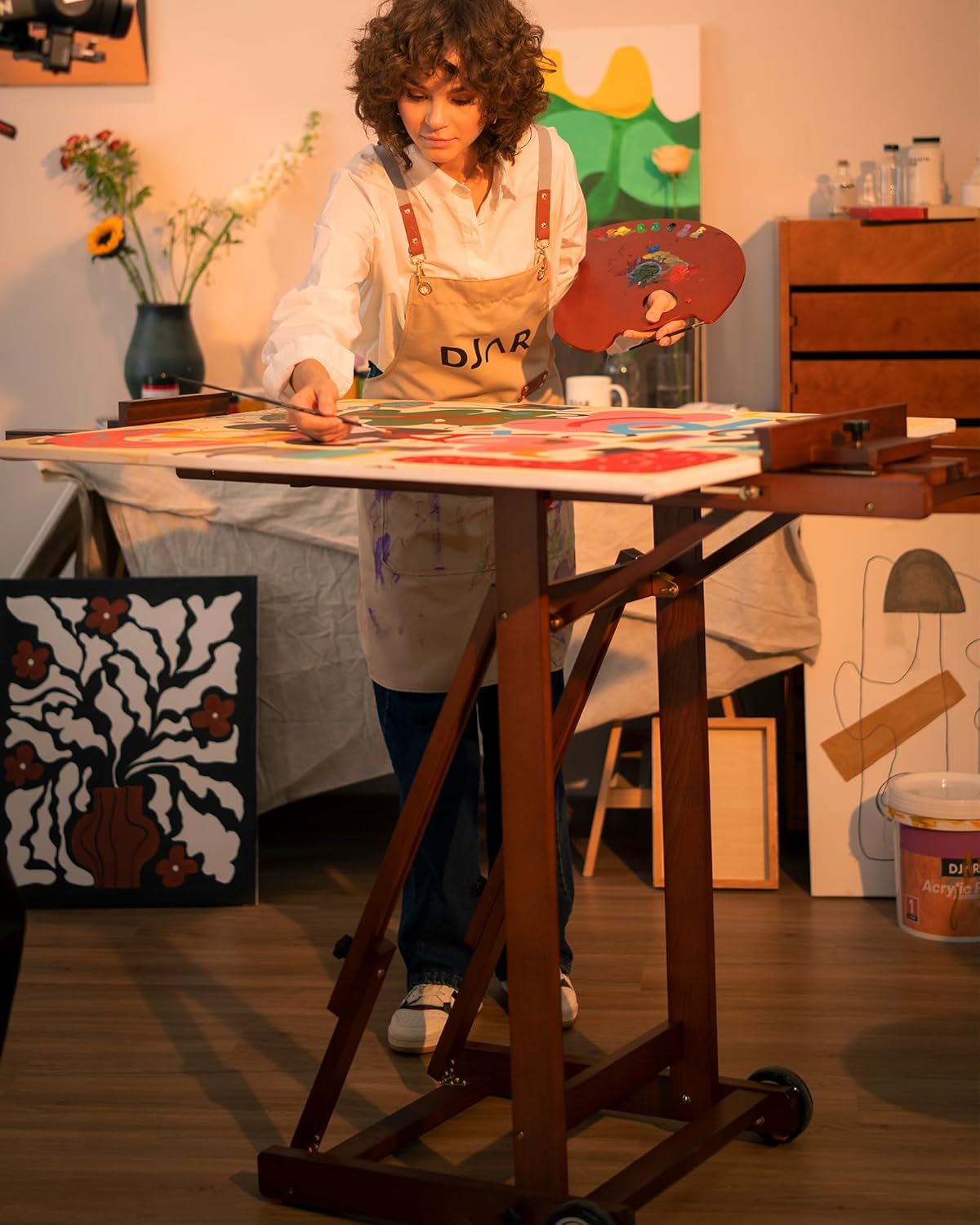 DJAR Extra Large Studio Painting Easel, Premium Beech Wood Movable & Tilting Flat, Adjustable Floor H-Frame Art Easel for Adults, Artists, Hold Canvas up to 78", Walnut