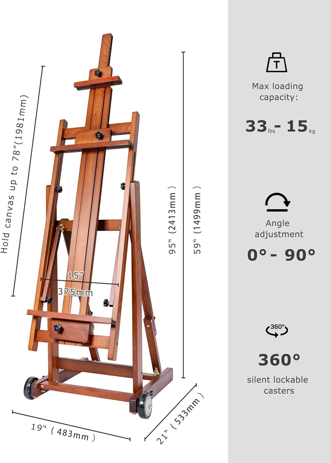 Alternative view of DJAR Extra Large Studio Painting Easel, Premium Beech Wood Movable & Tilting Flat, Adjustable Floor H-Frame Art Easel for Adults, Artists, Hold Canvas up to 78", Walnut