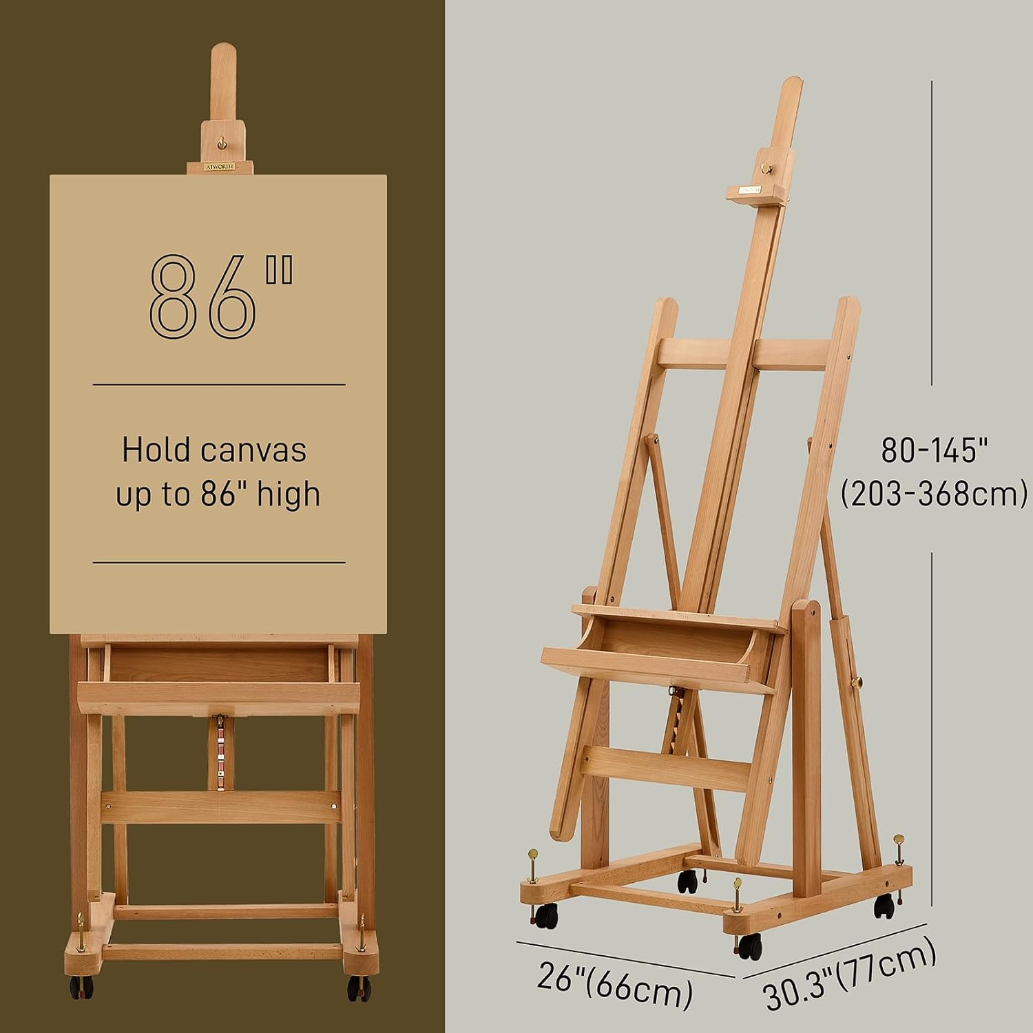 ATWORTH Heavy Duty H Frame Easel for Painting: Professional Beech Wood Artist Easel Stand with Upgrade Hardware- Hold Canvas up to 86u201D, Extra Large Floor Painting Easel for Adults with 4 Wheels