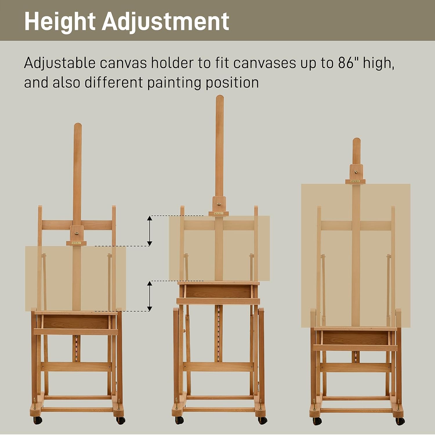 Alternative view of ATWORTH Heavy Duty H Frame Easel for Painting: Professional Beech Wood Artist Easel Stand with Upgrade Hardware- Hold Canvas up to 86u201D, Extra Large Floor Painting Easel for Adults with 4 Wheels