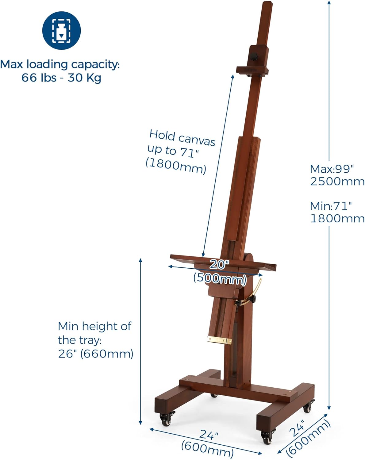 VISWIN Studio Heavy-Duty Easel, Holds Canvas Up to 71", Tilts Flat & Movable, Adjustable Solid Beech Wood Large Easel Stand for Painting, TV & Display, Floor Art Easel for Adult, Artist - Walnut