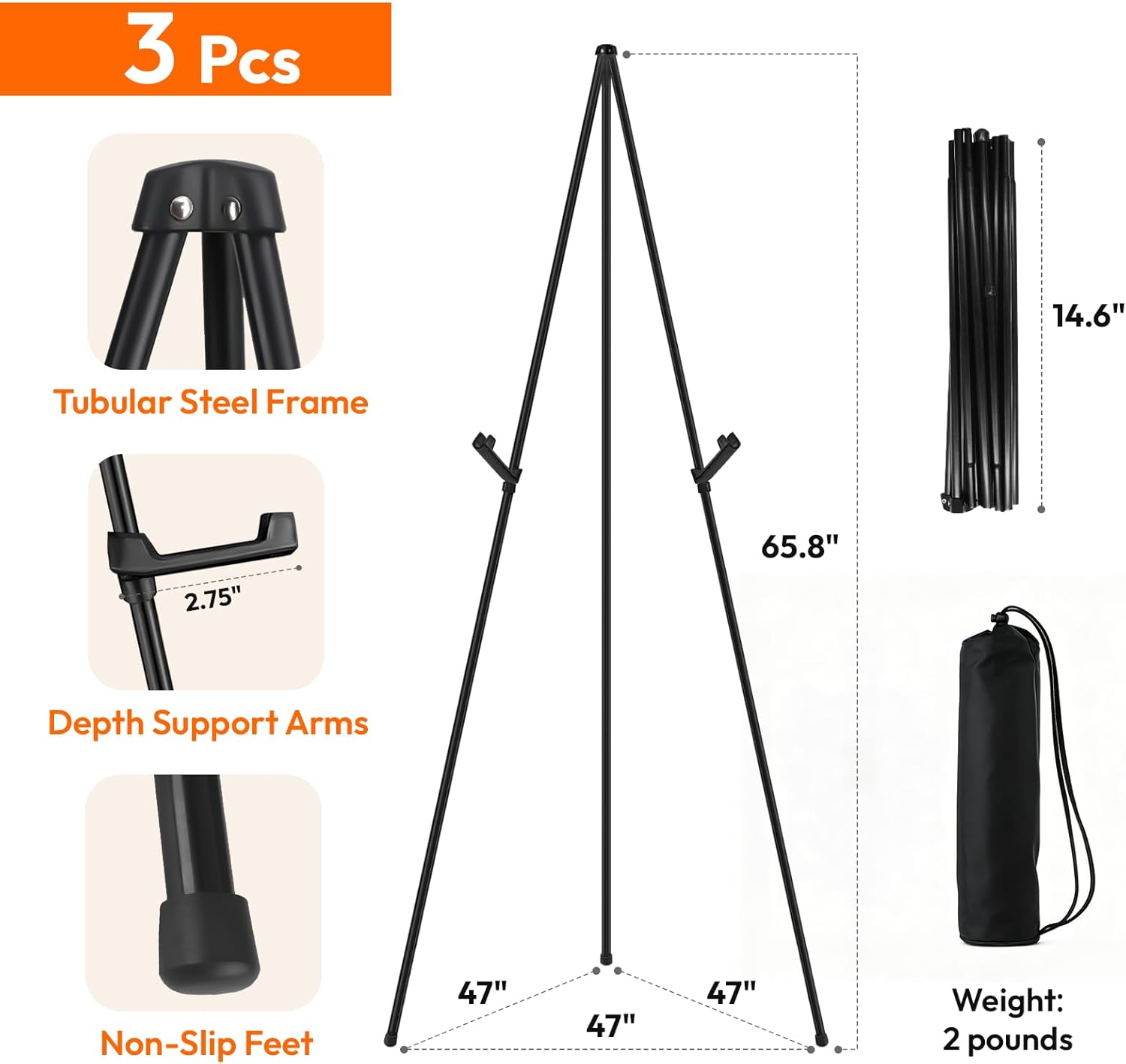 Alternative view of JEAWIWI Black Easel Stand for Wedding Sign, Poster Stand for Display, Collapsible Metal Art Easel for Painting, Floor Standing Easels for Birthday, Baby Shower Party, 66 Inch, Supports 6 Pounds, 3PCS