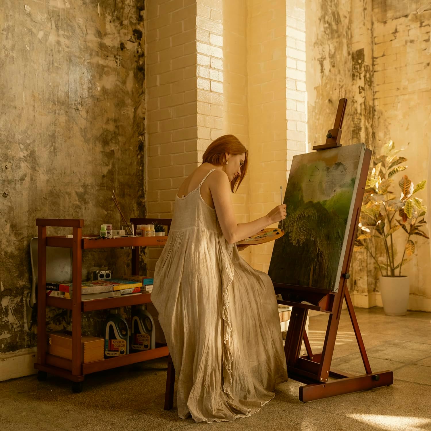 MEEDEN Art Painting Easel, Beech Wood Studio Easel 53" to 91"H, Holds Canvas to 78", Large Professional H-Frame Easel Stand with Storage Tray, Adjustable Floor Easel for Artists & Adults, Deep Walnut