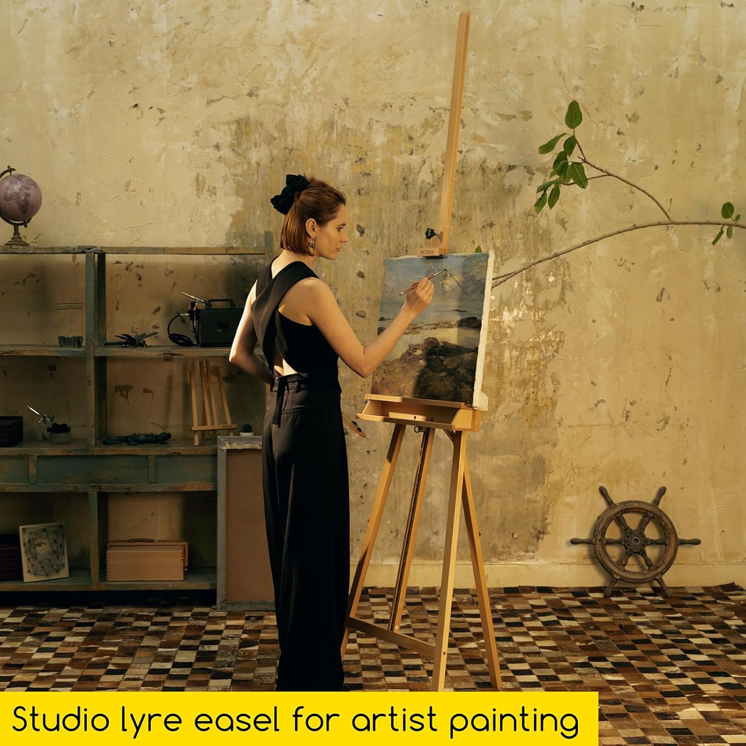 MEEDEN Large Painters Easel Adjustable Solid Beech Wood Artist Easel, Studio Easel for Adults with Brush Holder, Holds Canvas up to 48"