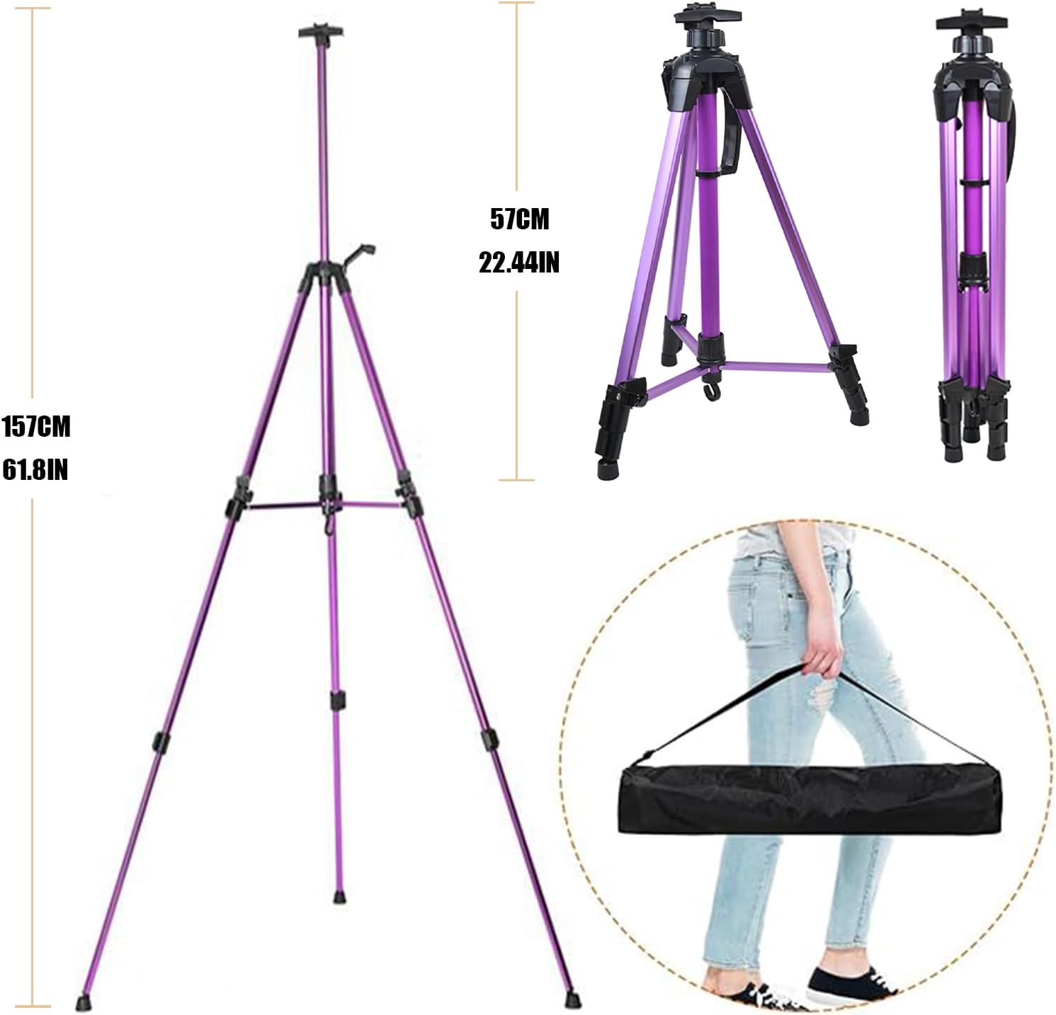 Alternative view of Easel for Painting, Portable & Foldable Easels Stand, Height-Adjustable 22'' to 62'', Equipped with Tray, Water Bucket Hook, Spirit Level, Compass & Carrying Bag for Art Display,Travel - Purple