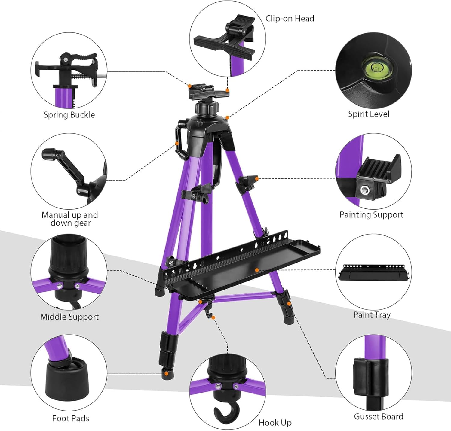 Easel for Painting, Portable & Foldable Easels Stand, Height-Adjustable 22'' to 62'', Equipped with Tray, Water Bucket Hook, Spirit Level, Compass & Carrying Bag for Art Display,Travel - Purple - Image 3