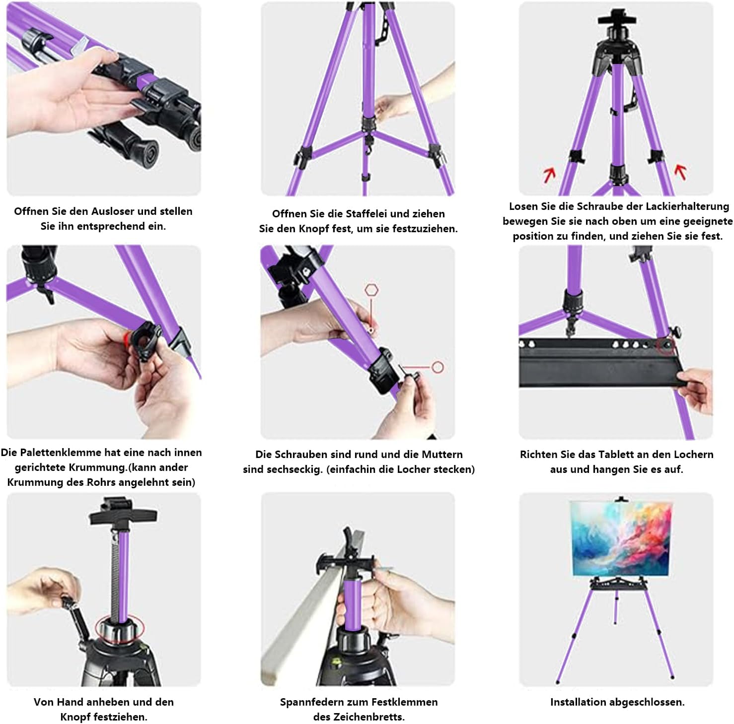 Easel for Painting, Portable & Foldable Easels Stand, Height-Adjustable 22'' to 62'', Equipped with Tray, Water Bucket Hook, Spirit Level, Compass & Carrying Bag for Art Display,Travel - Purple - Image 7