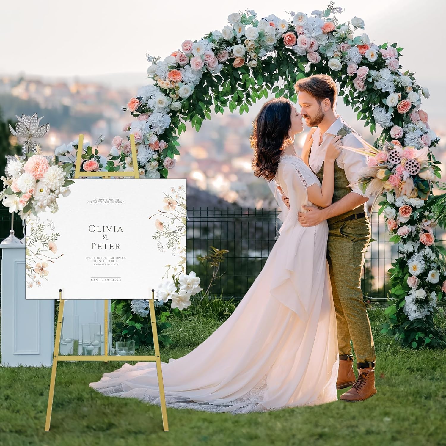 Gold Easel Stand for Sign, Heavy Duty Metal Display Easel with Adjustable Chain, 4-Tier Height Art Easel for Painting, Wedding Sign, Posters & Commercial Display