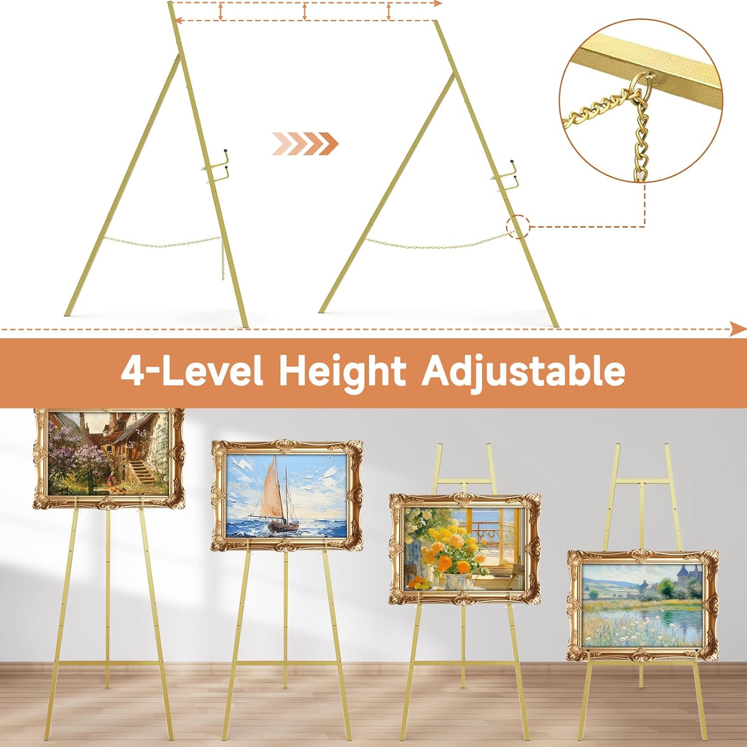 Alternative view of Gold Easel Stand for Sign, Heavy Duty Metal Display Easel with Adjustable Chain, 4-Tier Height Art Easel for Painting, Wedding Sign, Posters & Commercial Display