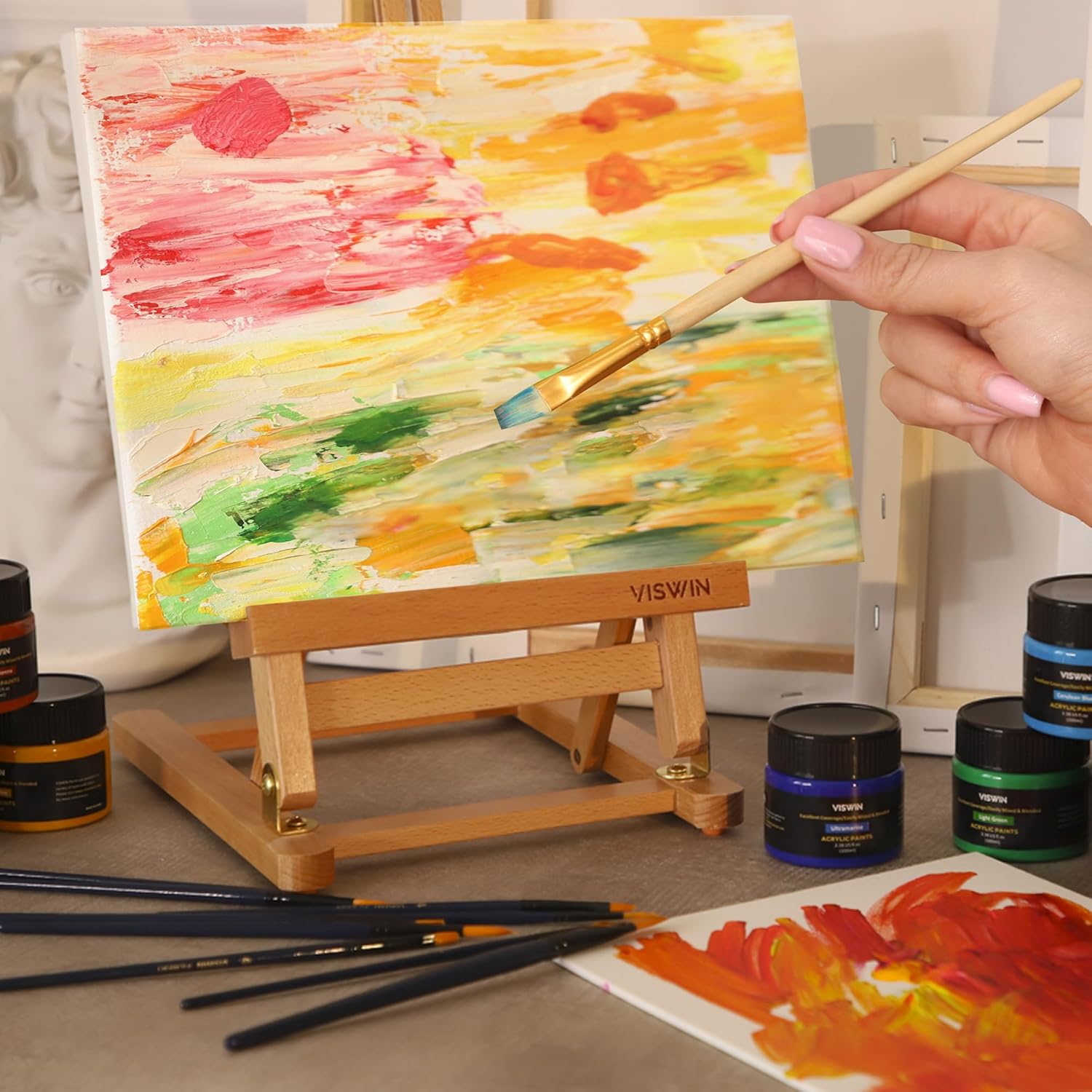 VISWIN 25" H-Frame Tabletop Easel for Painting, Adjustable Beech Wood Table Top Easel, Portable Art Easel for Adults, Artists, Beginners, Holds Canvas up to 15" u2013 Natural