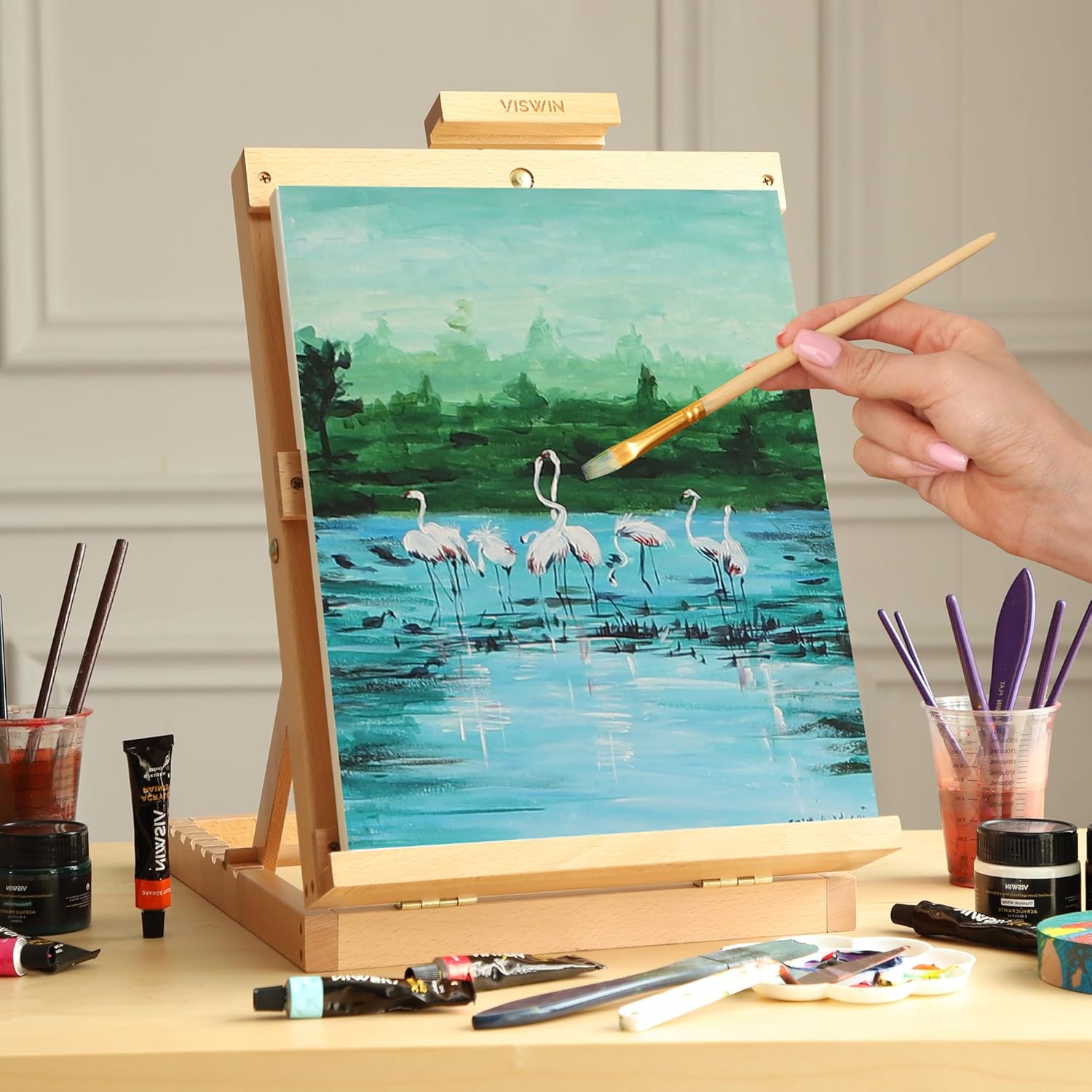 VISWIN Heavy-Duty Table Top Easel for Painting, Adjustable Beech Wood Tabletop Easel, Hold Canvas up to 23u201D, Portable Art Desktop Easel Stand for Adults, Artists, Beginners u2013 Natural