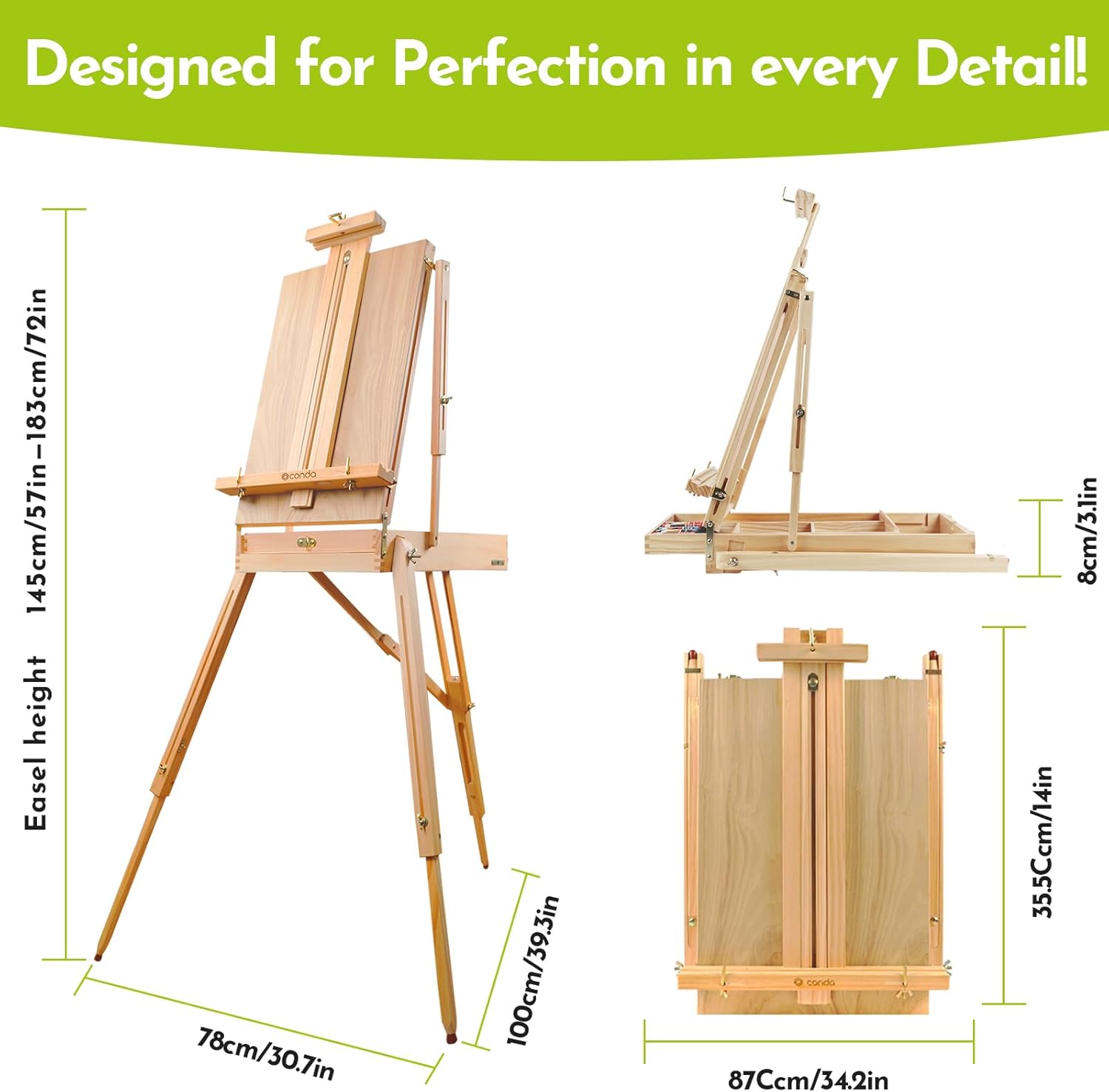 CONDA Large Wooden French Easel and Sketchbox Easel, Adjustable Tripod Easel Stand with Drawer and Palette for Artist, hobbyists, Professionals, Ideal Easel for Painting, Sketching, and Display