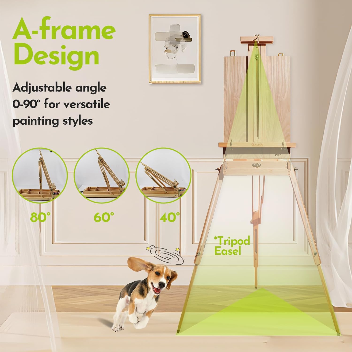 Alternative view of CONDA Large Wooden French Easel and Sketchbox Easel, Adjustable Tripod Easel Stand with Drawer and Palette for Artist, hobbyists, Professionals, Ideal Easel for Painting, Sketching, and Display