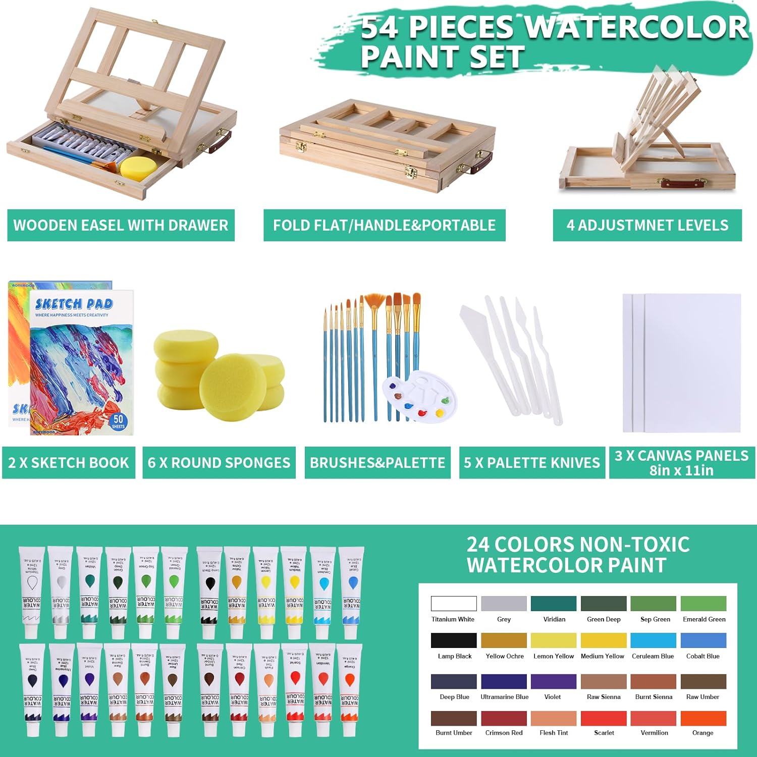 54 Pieces Watercolor Paint Set with Tabletop Easel, Complete Starter Painting Art Supplies with Watercolor Paints, Canvases, Sketch Pads, Brushes and Palette for Beginners Young Artists and Adults