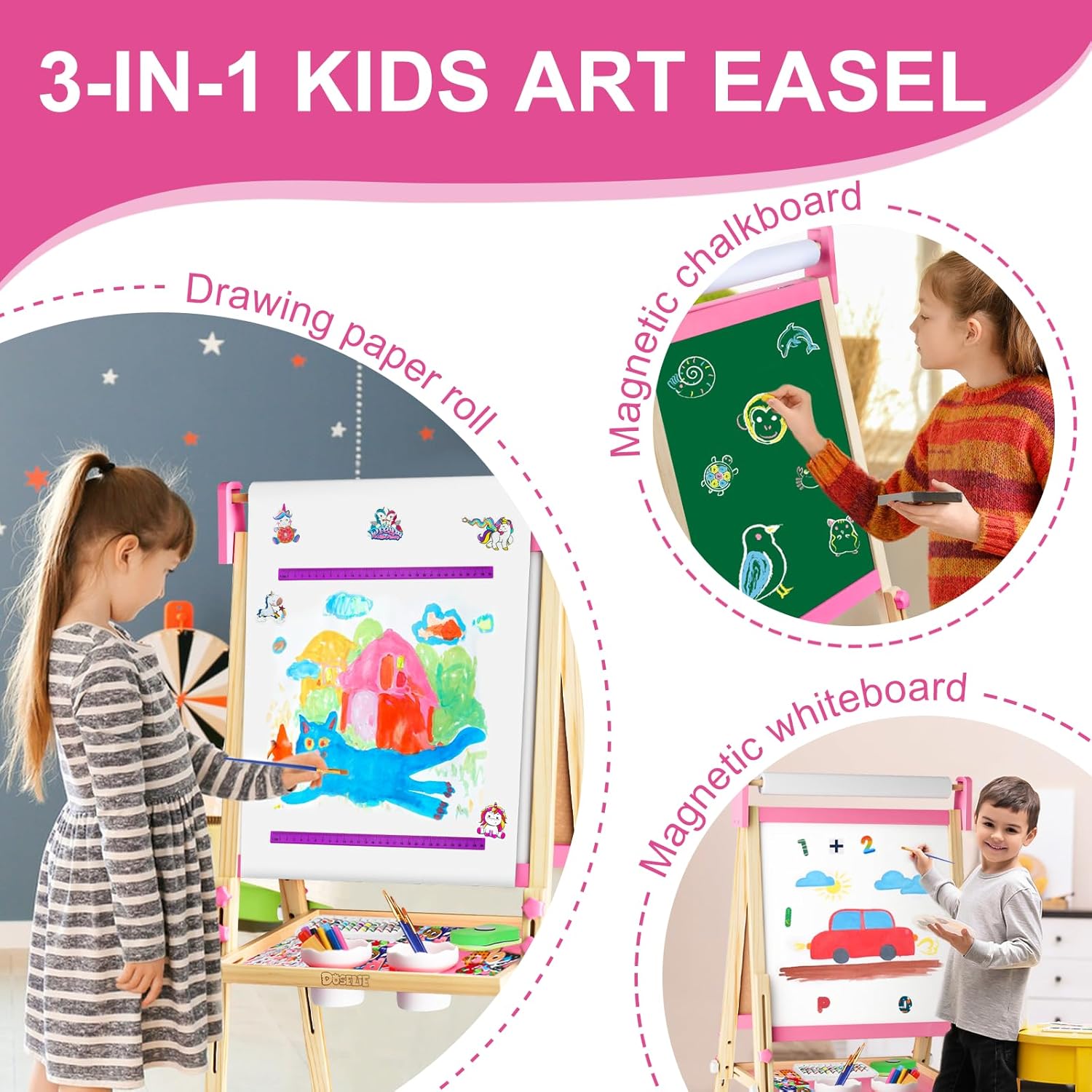 Alternative view of Easel for Kids Toys,Adjustable Wooden Toddler Art Easels, Girls Toys for Ages 5-7,8-13,Magnetic Dry Eraser White Board and Chalk Board with Art Supplies,Kid Easel 4 5 6 7 8 9 10 Year Old Girl Gifts