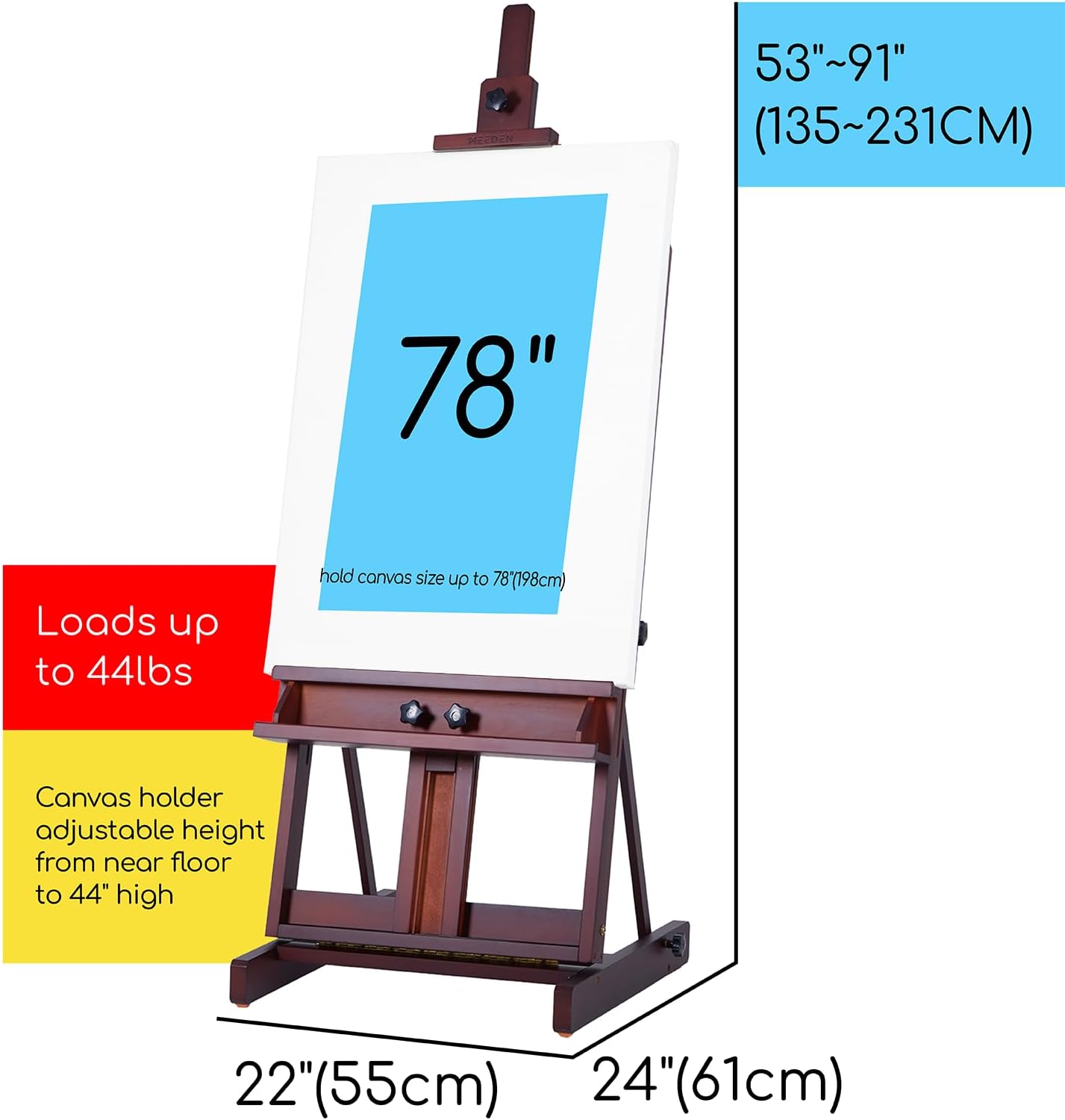 Alternative view of MEEDEN Art Painting Easel, Beech Wood Studio Easel 53" to 91"H, Holds Canvas to 78", Large Professional H-Frame Easel Stand with Storage Tray, Adjustable Floor Easel for Artists & Adults, Deep Walnut