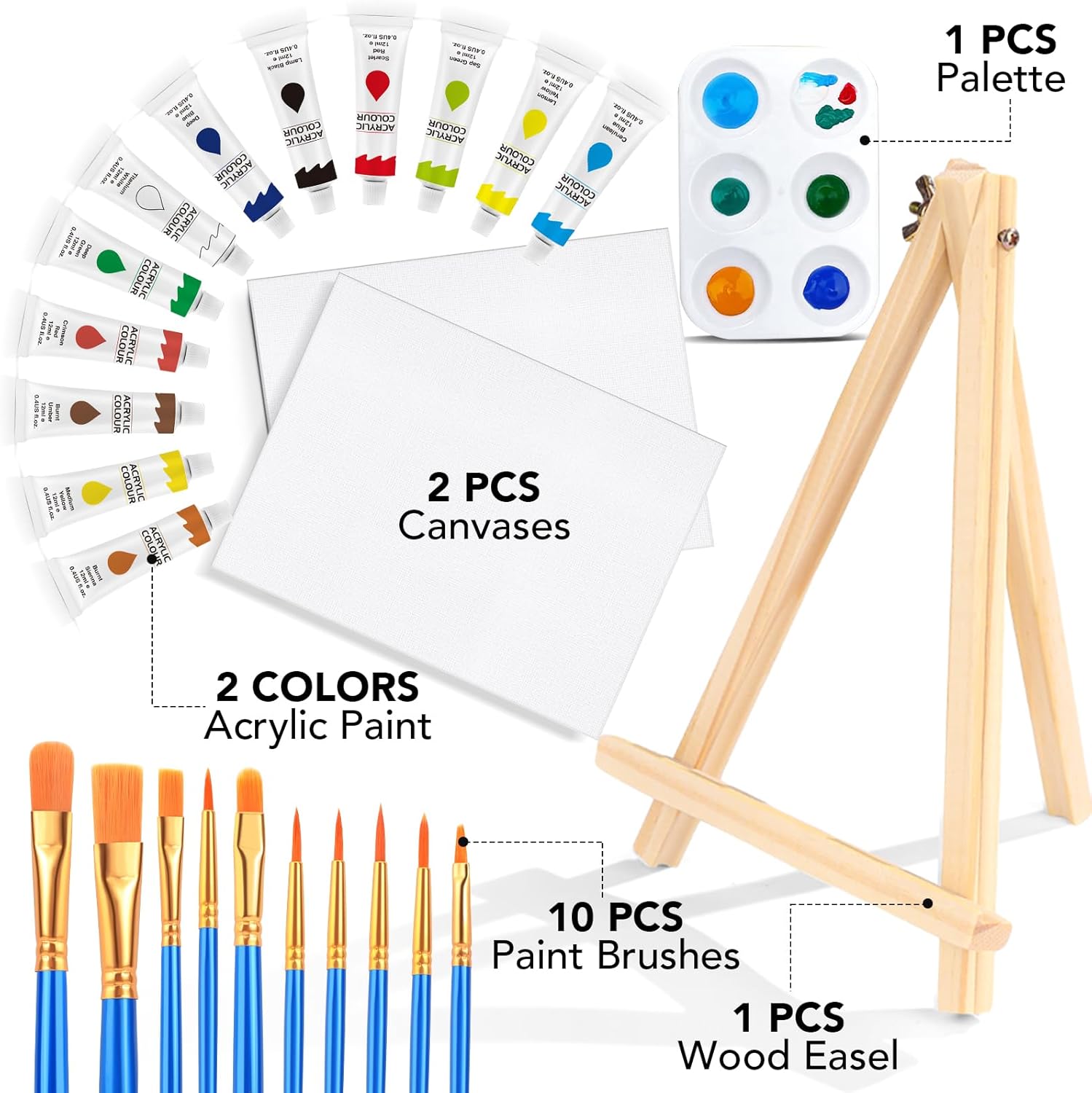Alternative view of ESRICH 26 PCS Acrylic Paint Set with 12 Colors Acrylic Paints (12ml, 0.4 oz), 10 Paint Brushes, 2 Canvas, 1 Wood Easel, 1 Plate, Painting Supplies Kits for Kids, Adults, Artists and Beginners