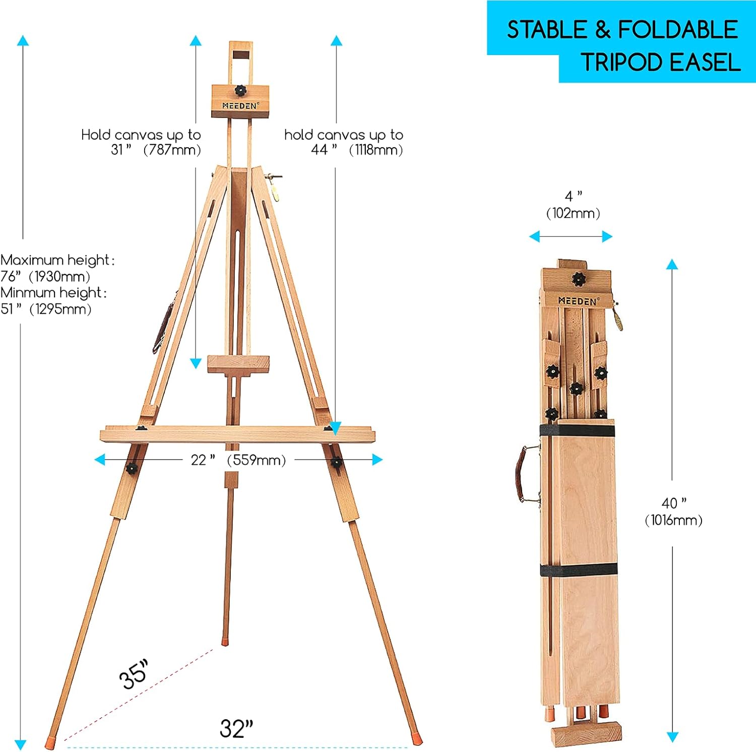 MEEDEN Portable Easel for Painting: Solid Beech Wood Tripod Art Easel for Adults - Foldable Drawing Easel Stand with Carrying Bag Perfect for Indoor Outdoor Use, Holds Canvas up to 44"