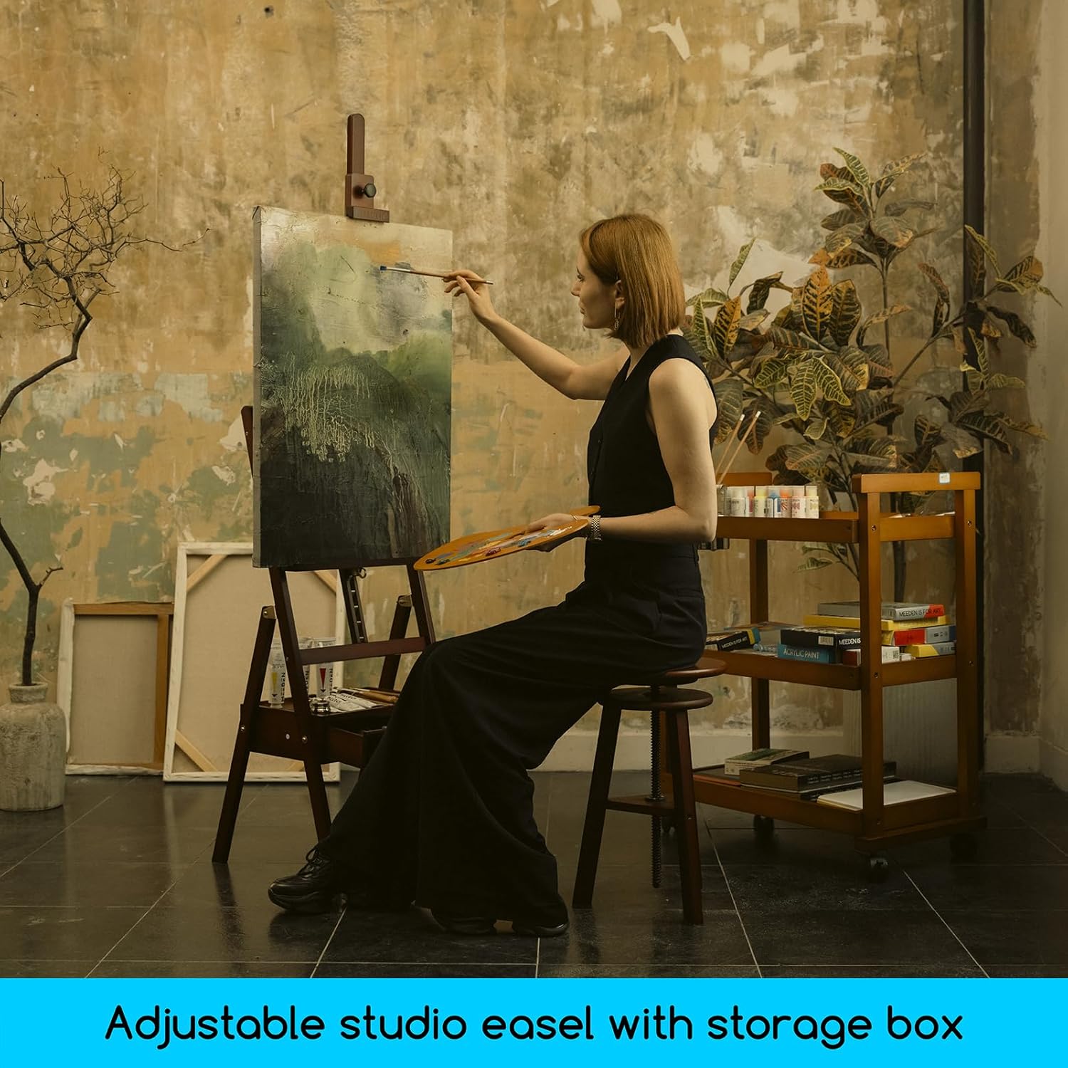 MEEDEN Studio H-Frame Easel with Storage Drawer - Adjustable (60"~75") Forward Tilting Solid Beech Wood Easel Stand for Artists, Students & Beginners, Holds Canvas Art up to 36", Deep Walnut