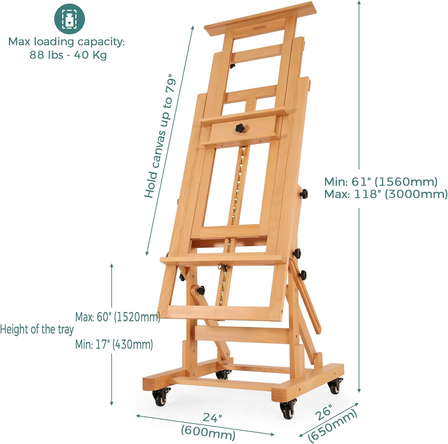 VISWIN Extra-Large Heavy-Duty H Frame Easel, Hold 1 or 2 Canvas up to 79", Tilts Flat & Movable Beech Wood Large Easel Stand for Painting, Adjustable Professional Floor Art Easel for Adults, Artists