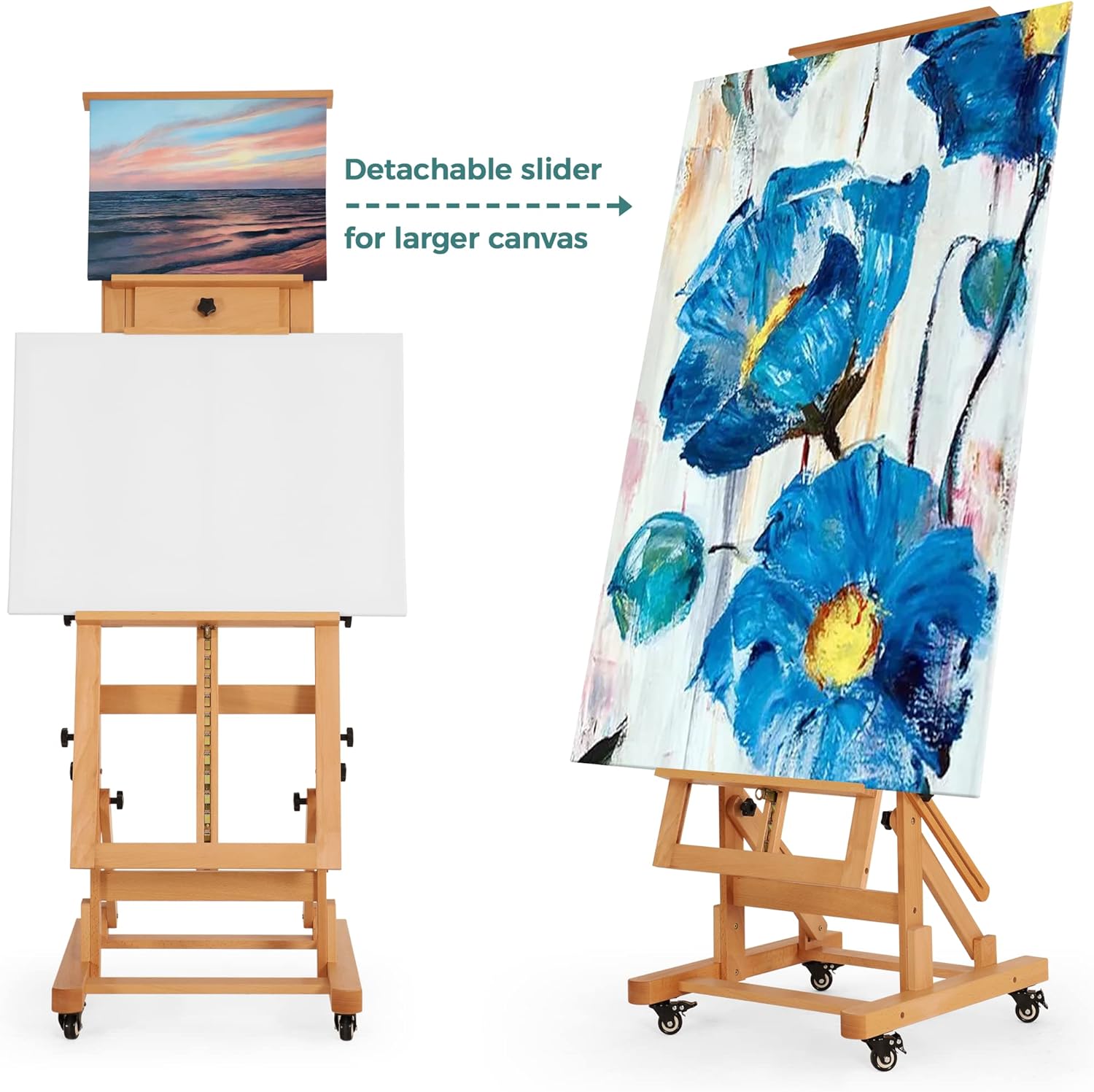 VISWIN Extra-Large Heavy-Duty H Frame Easel, Hold 1 or 2 Canvas up to 79", Tilts Flat & Movable Beech Wood Large Easel Stand for Painting, Adjustable Professional Floor Art Easel for Adults, Artists - Image 4