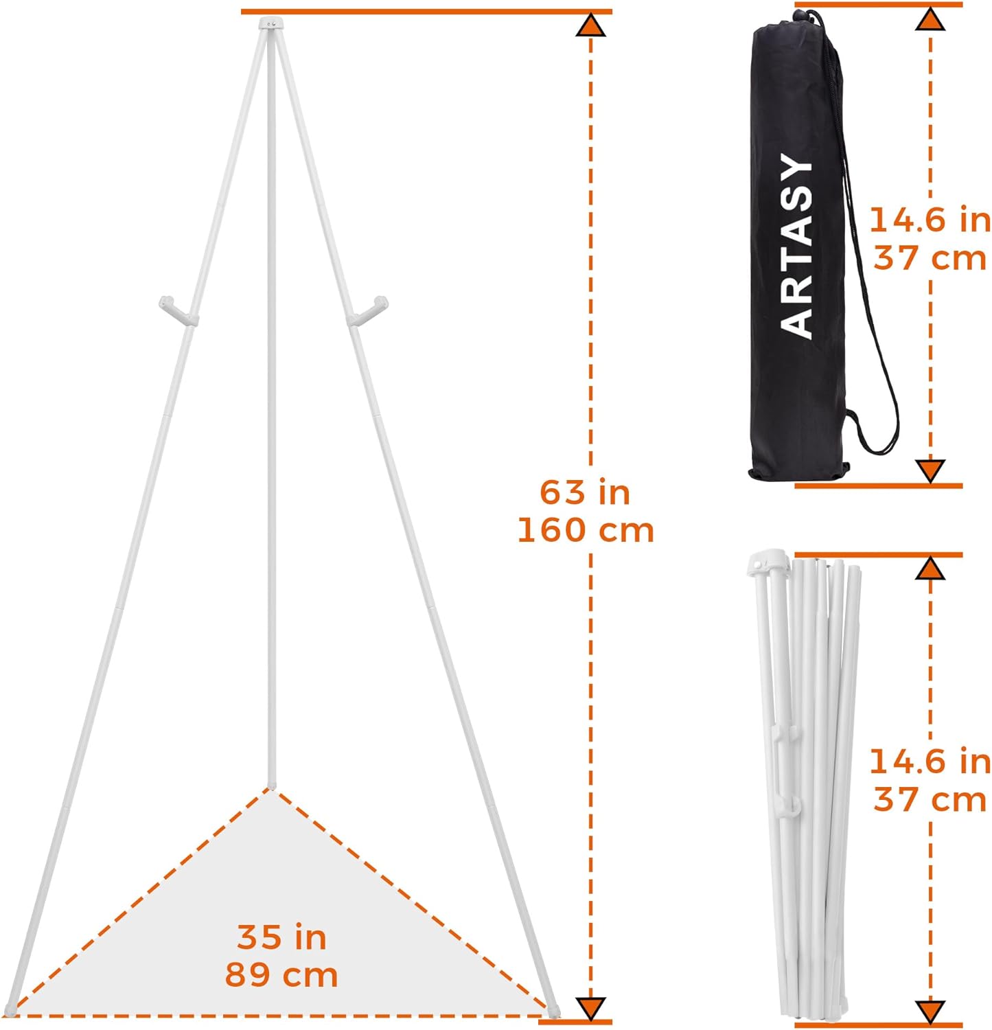ARTASY 63" Easel Stand for Wedding Signs, Posters, Portable Artist Easel for Painting Canvas, Tripod for Home and Office, Supports 5 lbs-White 1/Pack