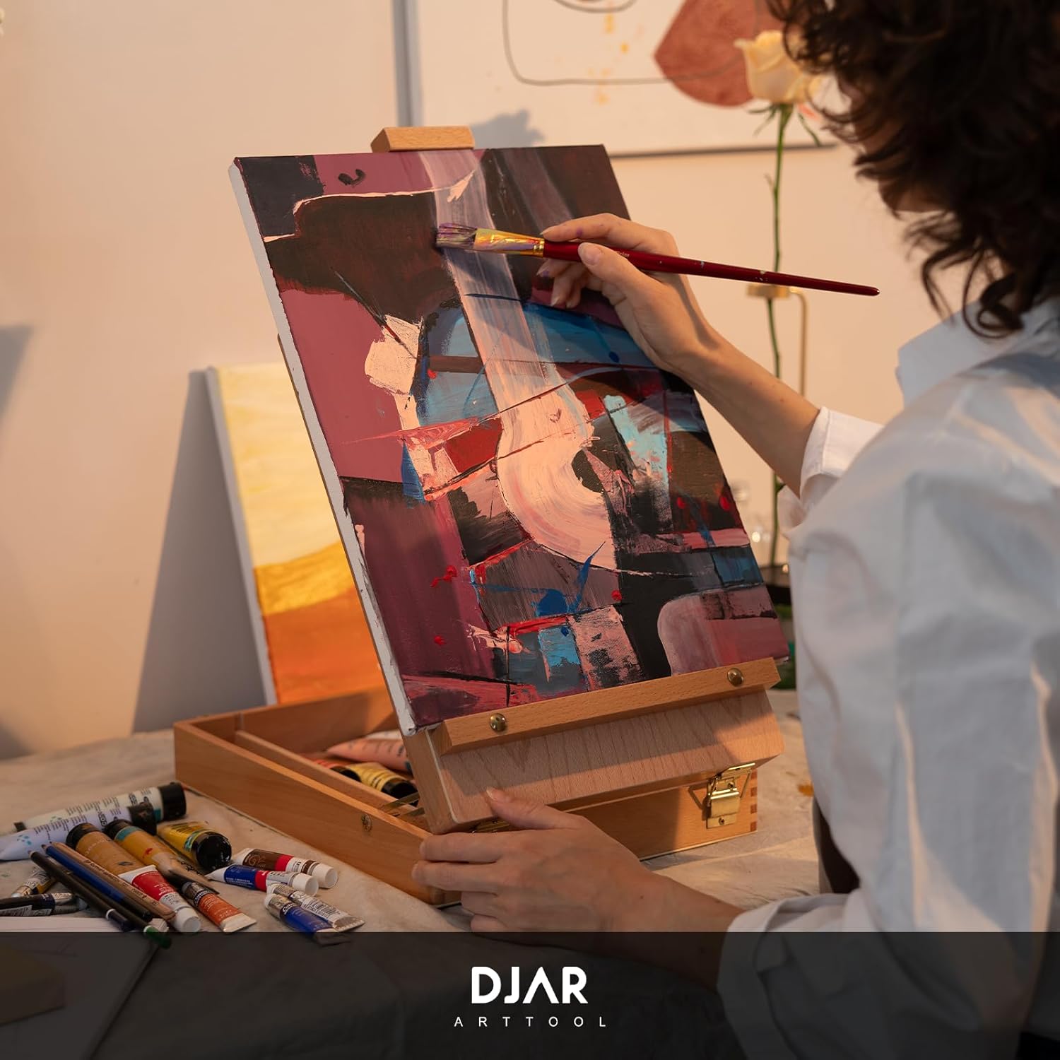 DJAR Tabletop Art Easel for Painting, Solid Beech Wood Desktop Sketchbox, Adjustable Portable Art Drawing Easel for Student Artist Beginner