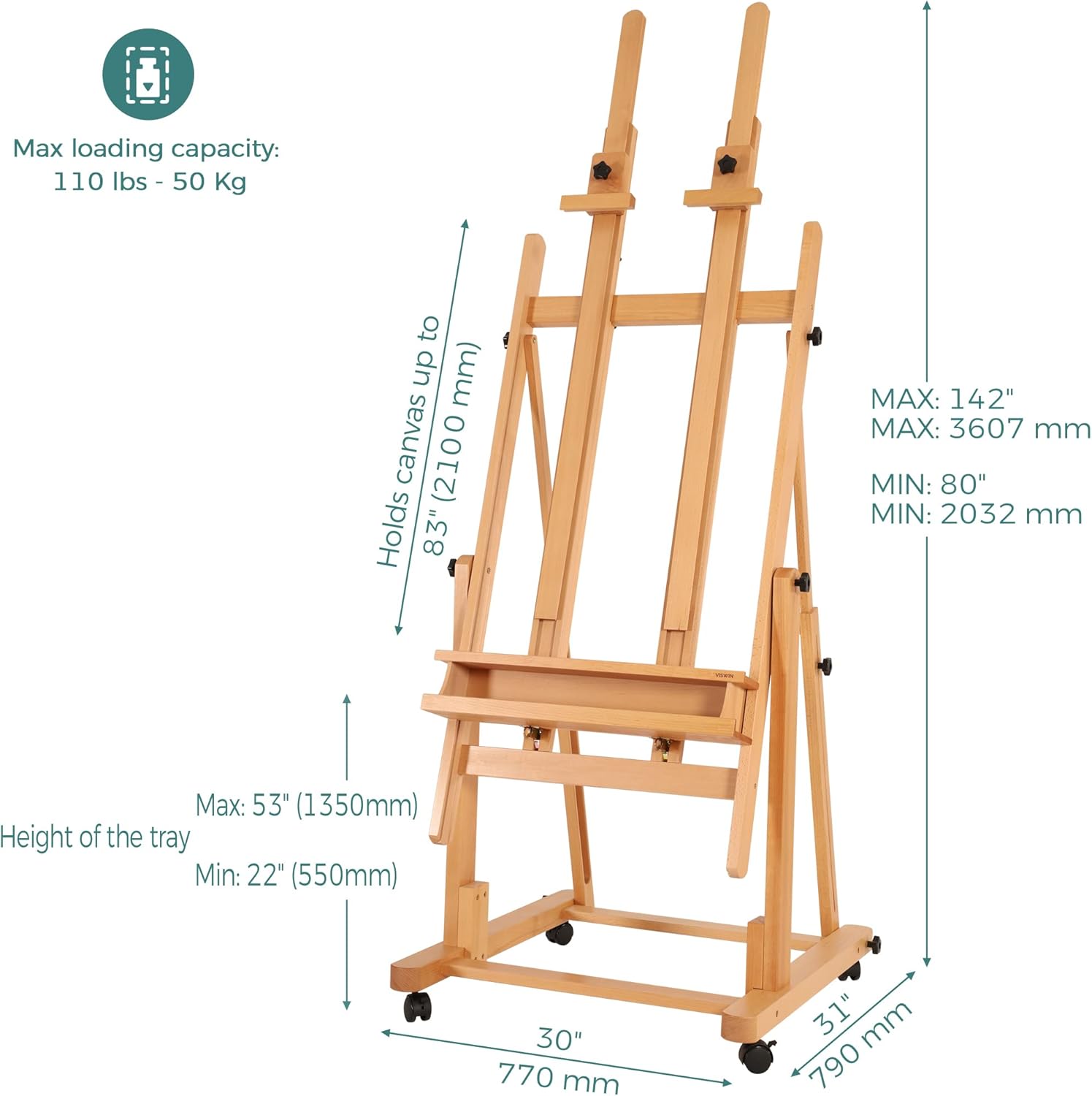 VISWIN Double Mast Heavy-Duty H-Frame Easel, Hold Canvas up to 83", Tilts Flat & Movable, Adjustable Beech Wood Large Easel Stand for Painting with Storage, Professional Art Easel for Adults, Artists