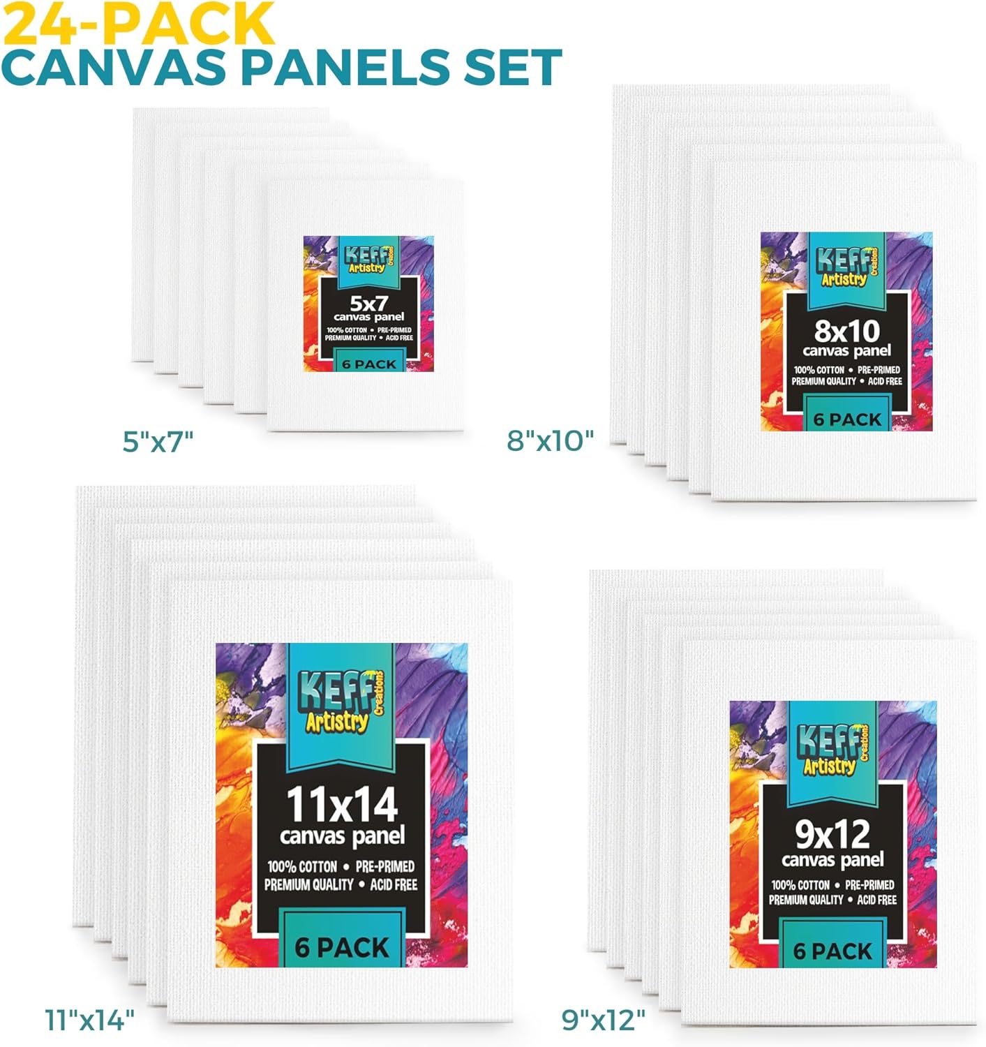 Alternative view of KEFF 24-Pack Canvas for Painting, 6 of 5x7, 8x10, 9x12,11x14 Painting Canvas Boards, Art Supplies for Adults & Kids - 100% Cotton Primed Canvases for Painting Acrylic, Oil, Watercolor, Tempera