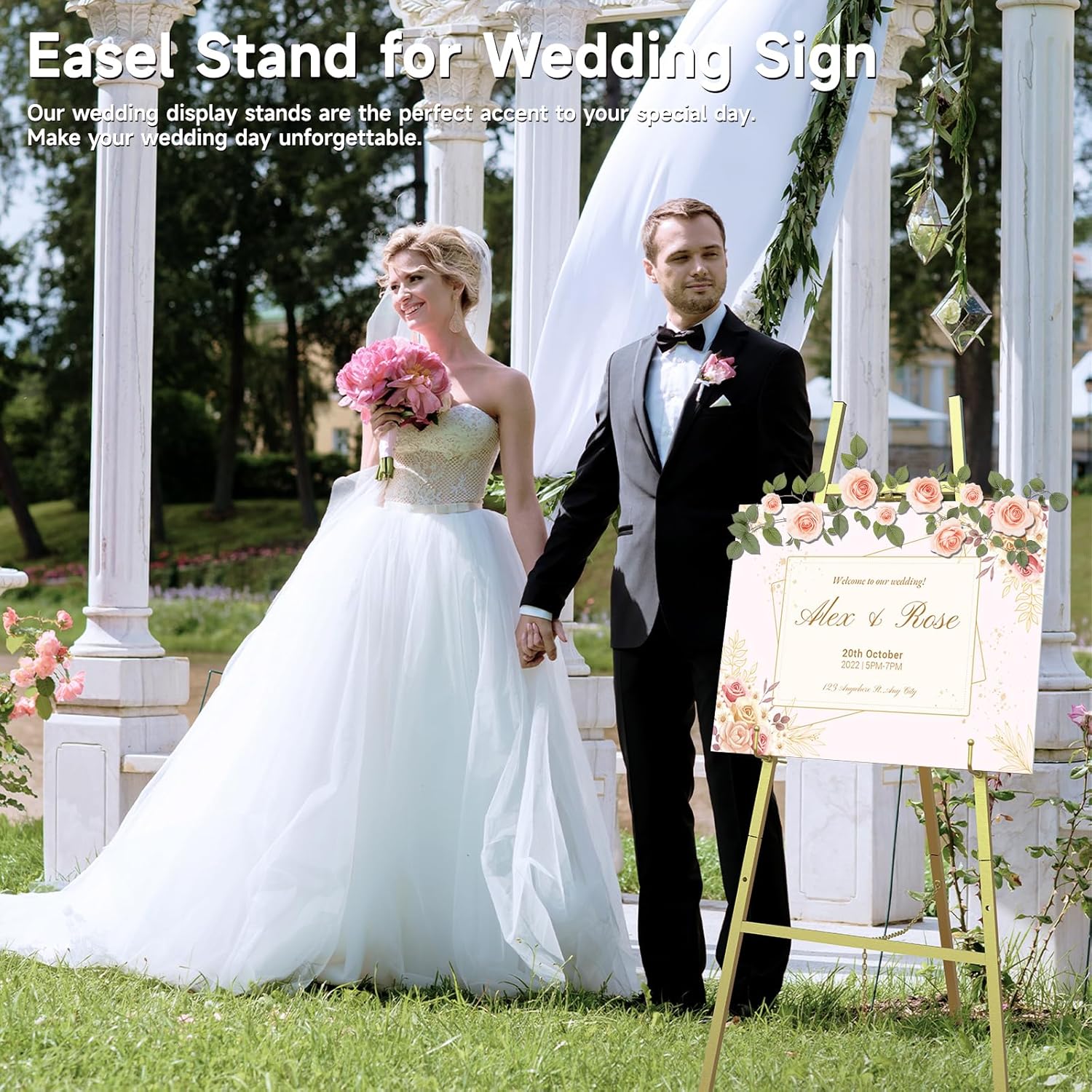 Gold Easel Stand for Signs, 4-Tier Height Metal Standing Easel with Adjustable Chain, Black Heavy Duty Art Easel for Painting, Wedding Sign, Party, Posters & Commercial Display (Gold)