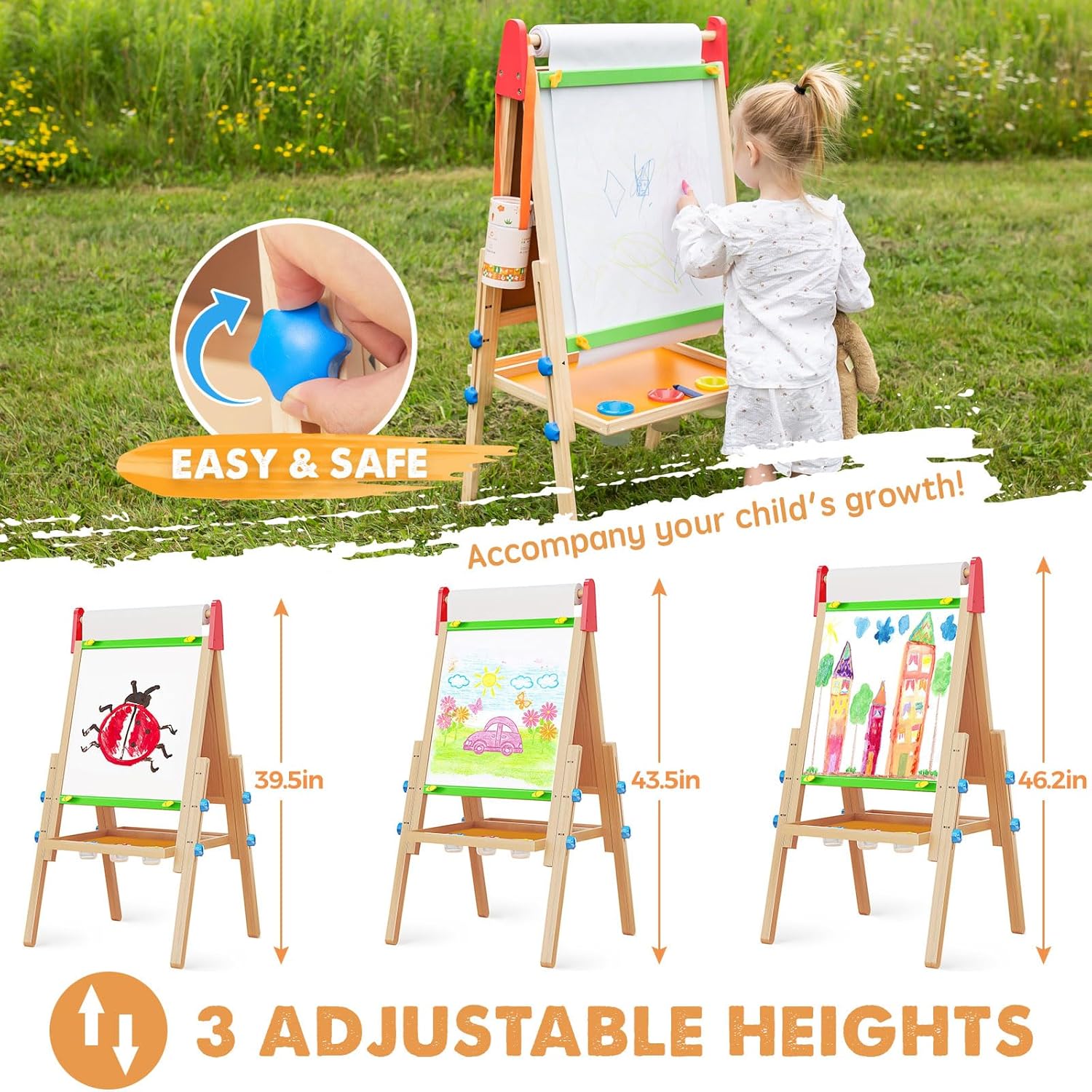 Tiny Land Easel for Kids with 2 Drawing Paper Roll, Adjustable Kids Art Easel, Learning-Toy for 3,4,5,6,7,8 Years Old Boy & Girls, Wooden Chalkboard & Magnetic Whiteboard & Painting Paper Stand