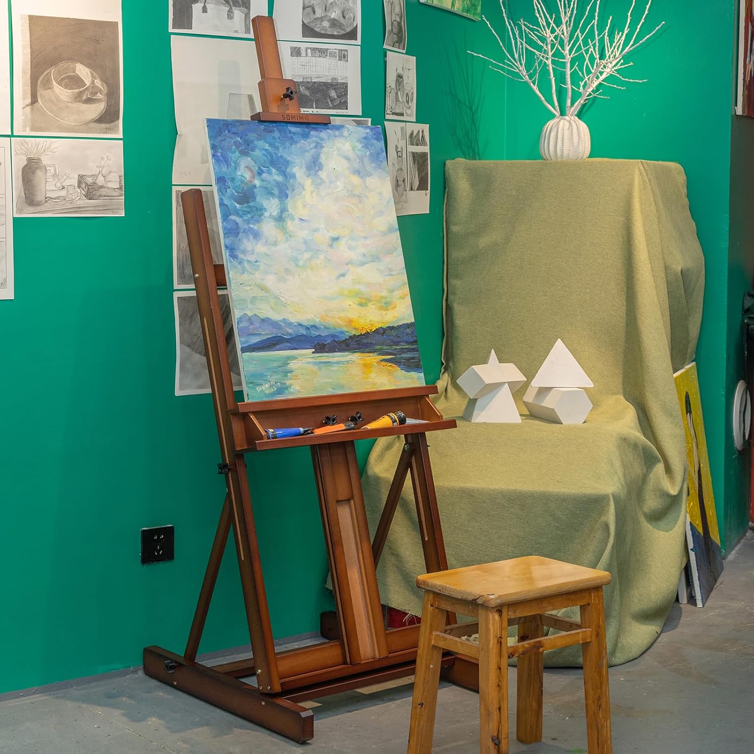 Somime H-Frame Studio Easel, Solid Beechwood Artist Easel with Storage Drawer, Adjustable Wooden Painting Easel Holding Canvas up to 78" High, Walnut