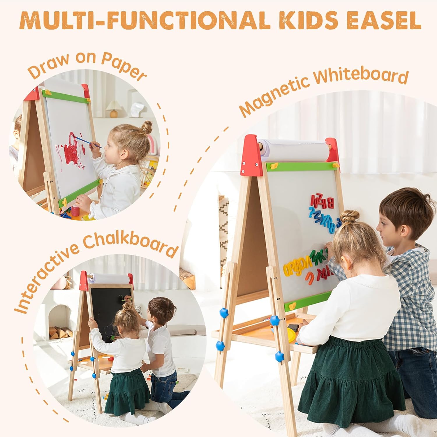 Alternative view of Tiny Land Easel for Kids with 2 Drawing Paper Roll, Adjustable Kids Art Easel, Learning-Toy for 3,4,5,6,7,8 Years Old Boy & Girls, Wooden Chalkboard & Magnetic Whiteboard & Painting Paper Stand