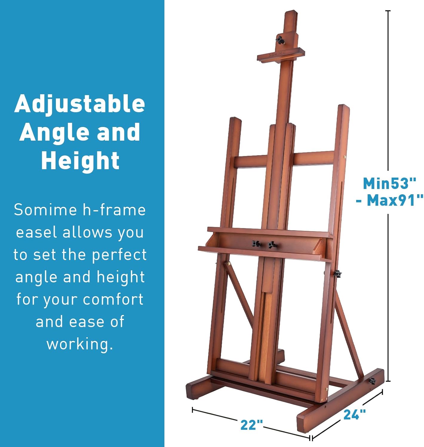 Alternative view of Somime H-Frame Studio Easel, Solid Beechwood Artist Easel with Storage Drawer, Adjustable Wooden Painting Easel Holding Canvas up to 78" High, Walnut