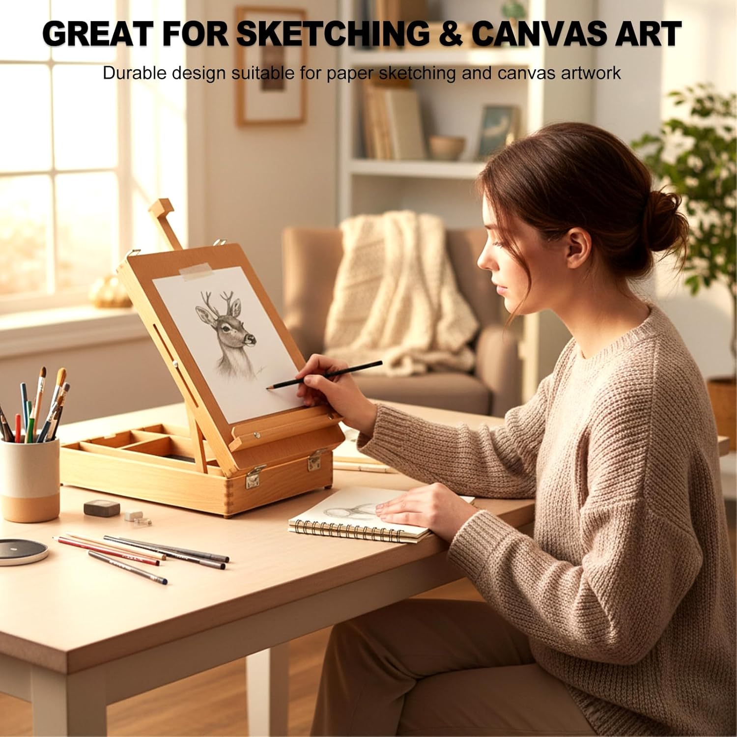 Beechwood Tabletop Easel for Painting, Portable Adjustable Sketchbox Art Easel Stand with Detachable Strap for Beginners and Art Lovers